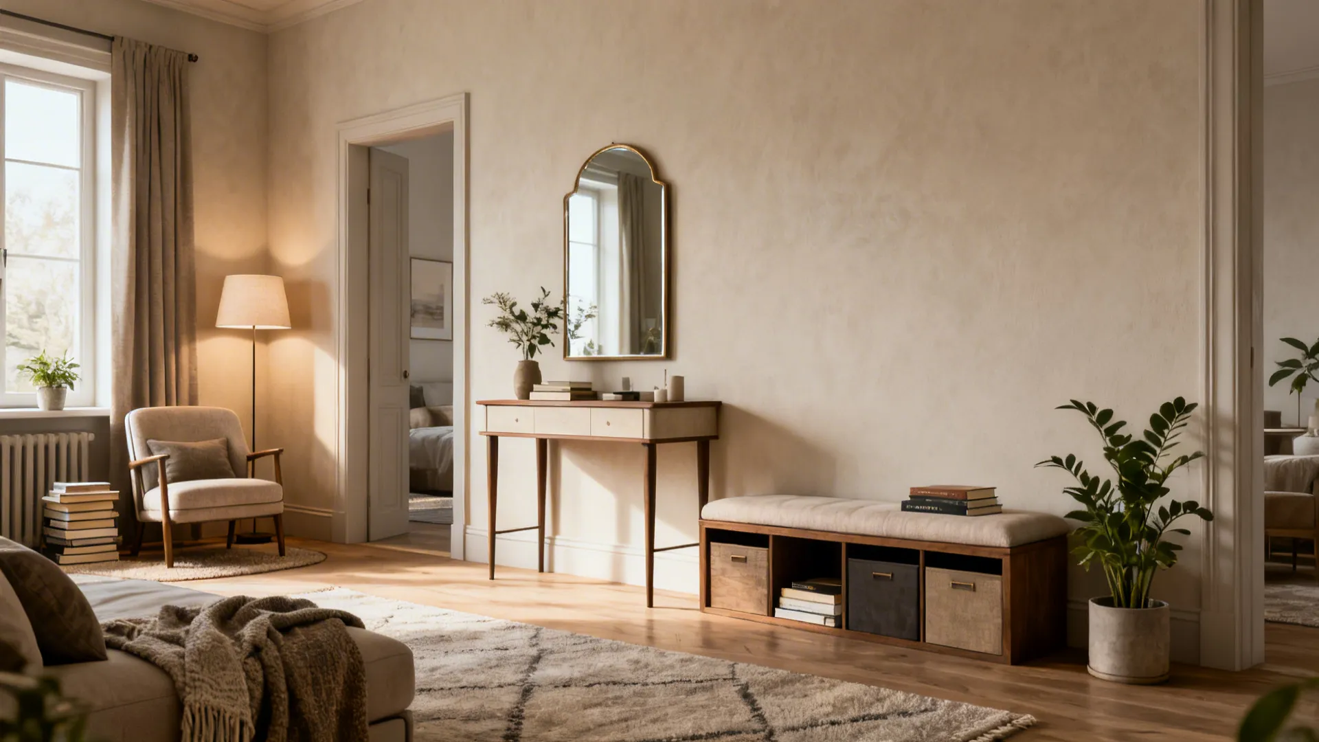 Long wall divided into zones: reading nook, console with mirror, and bench with storage.