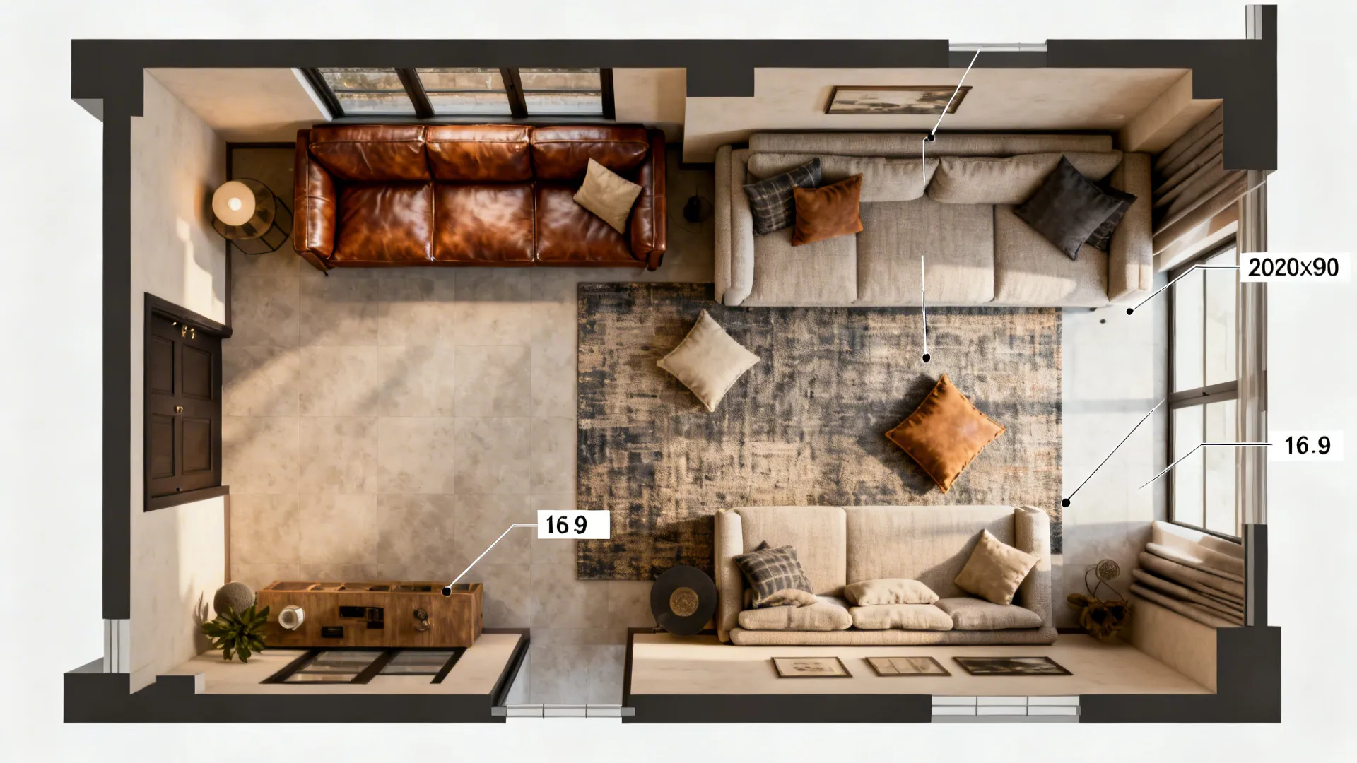 Top-down living room layout showing leather in high-traffic zones and fabric in lounge areas