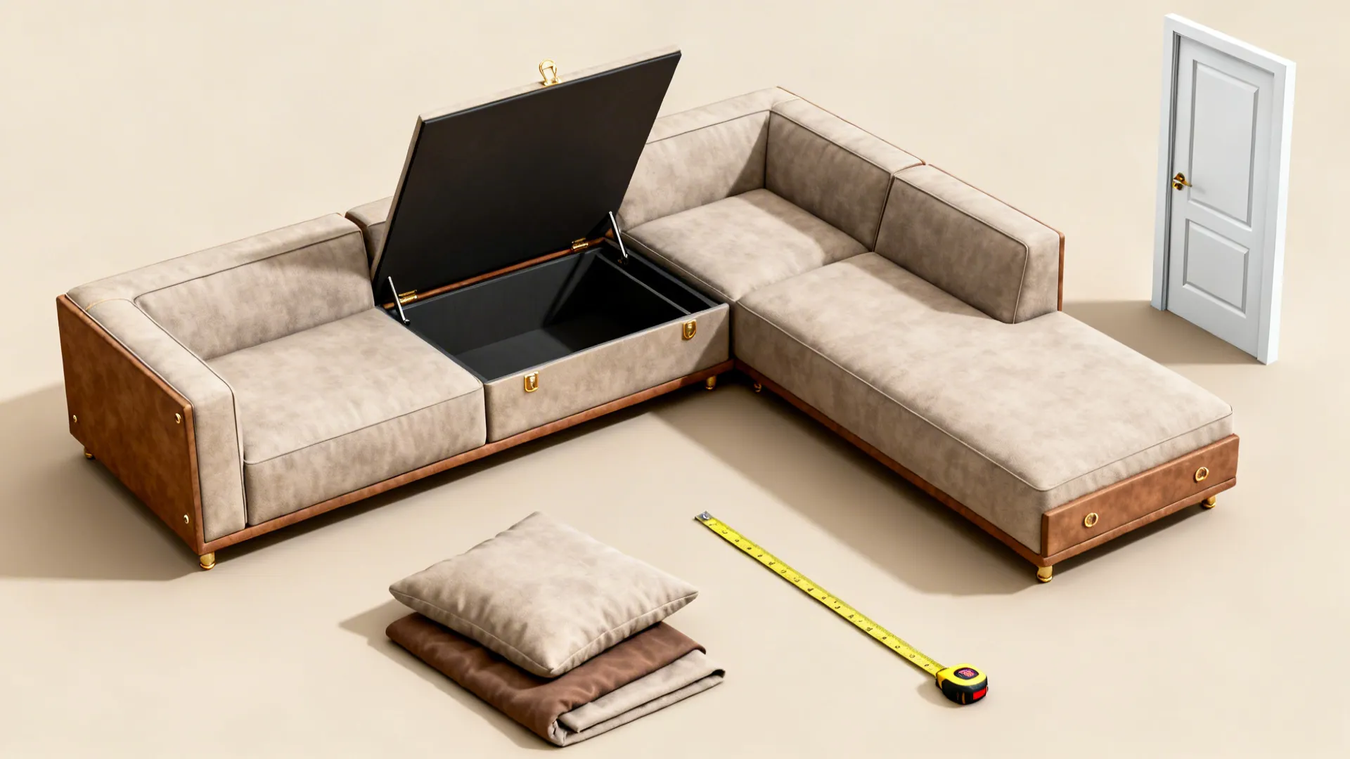 Flatlay of sectional storage module, chaise feature, removable covers and measuring tools.