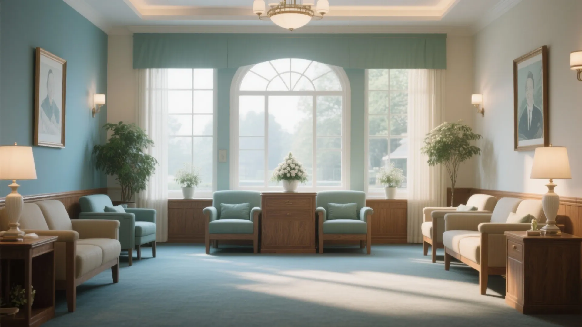 Traditional waiting room with blue walls teal sofas wooden cabinets wall lights and large arched windows
