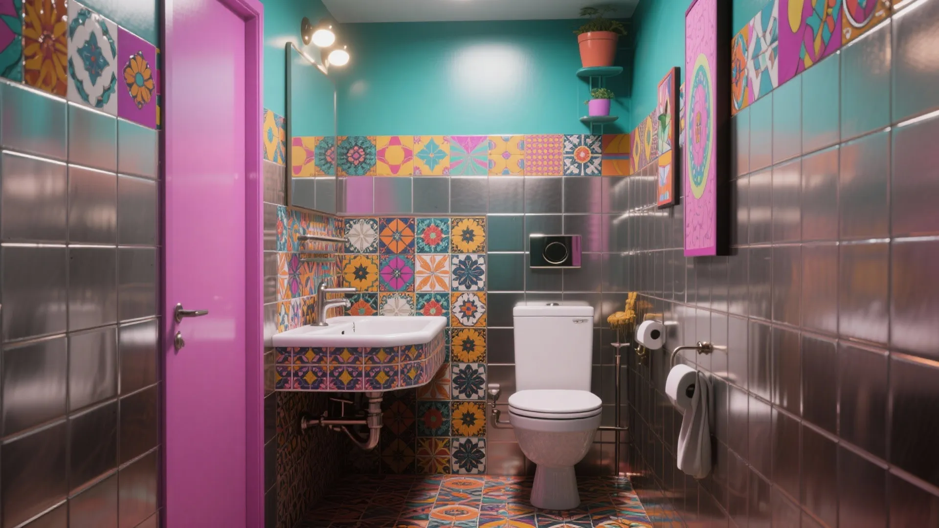 Eclectic bathroom design with colorful patterned tiles pink door white toilet and bright green walls