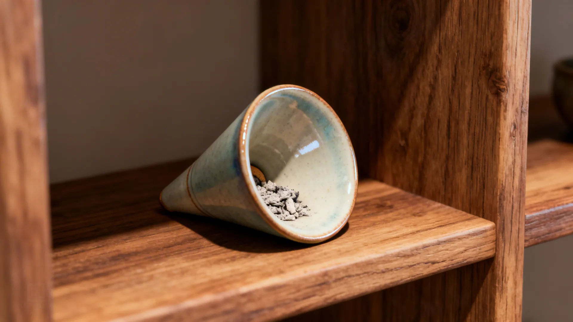 Ceramic funnel-style incense holder trapping ash on a wooden shelf.