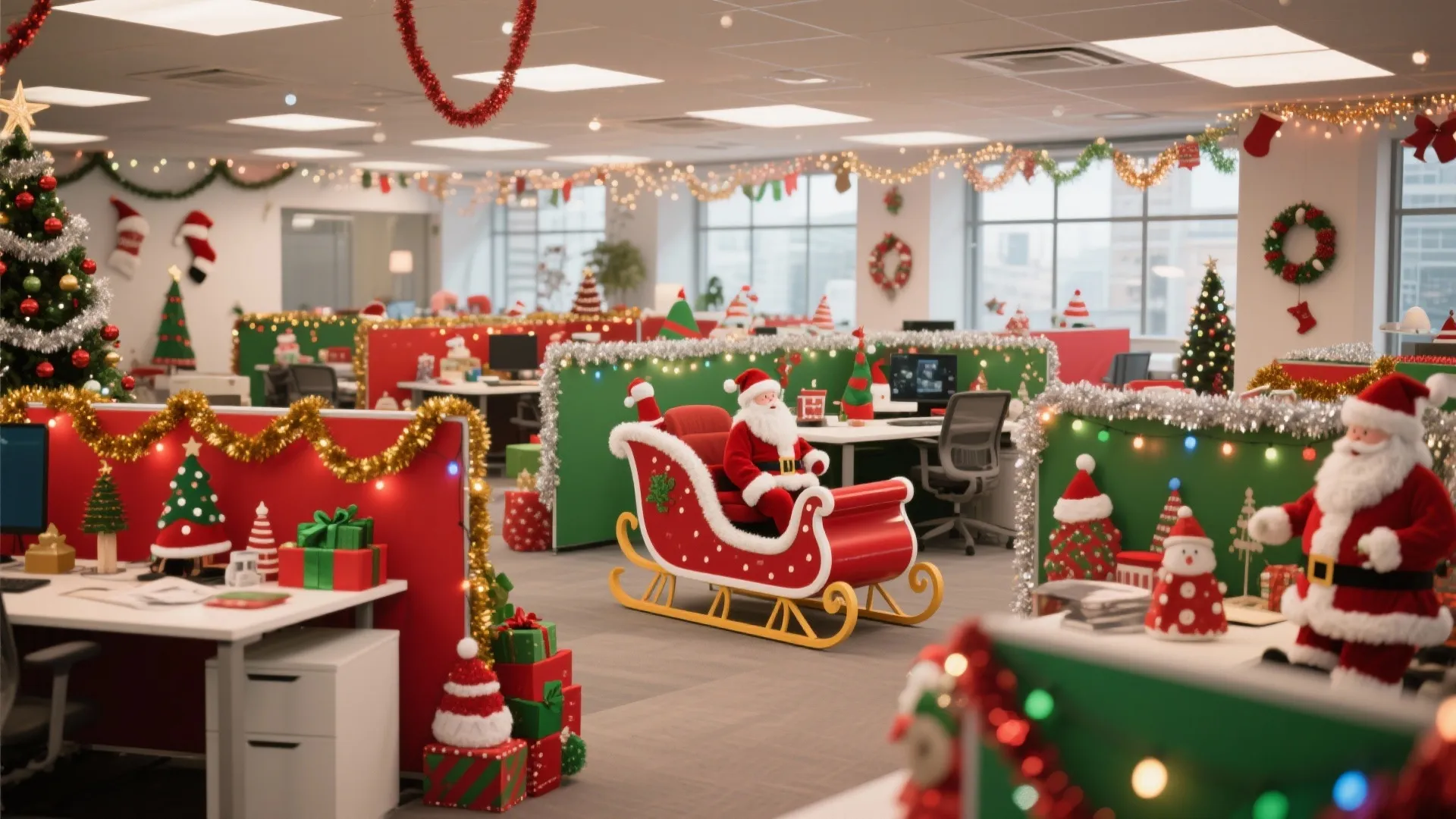 Office workspace decorated for Christmas with Santa in a sleigh and colorful red green decorations