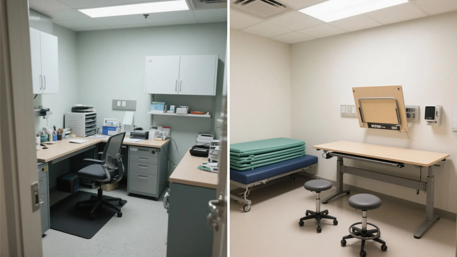 Before and after comparison of a cluttered medical office versus a clean organized treatment room