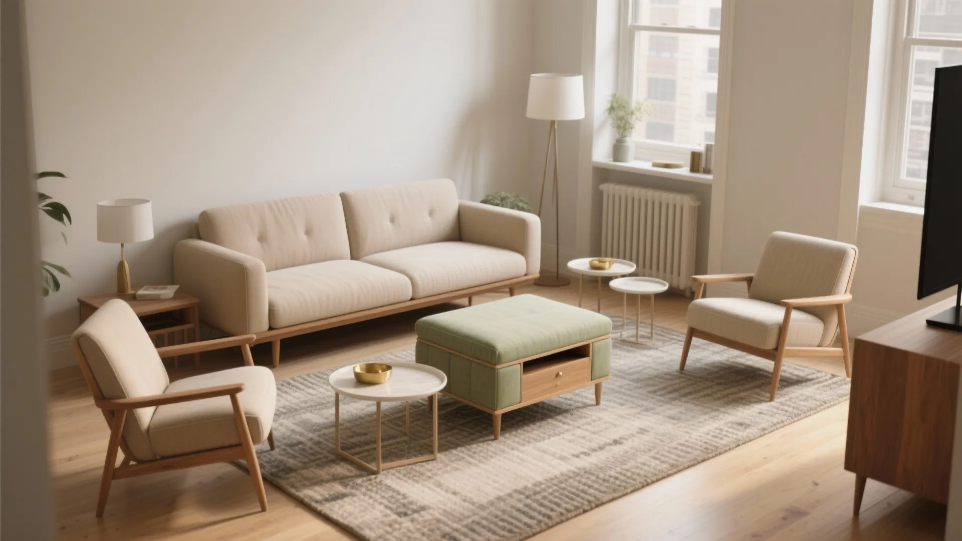 Small living room with loveseat, two slipper chairs, storage ottoman, and nesting tables.