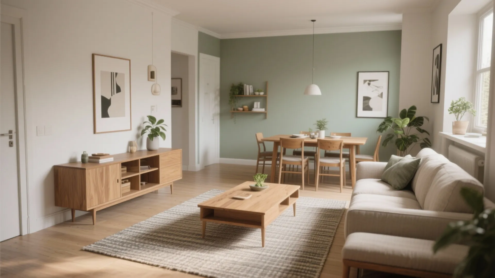 Modern living room featuring a wooden coffee table light green wall and wooden dining set