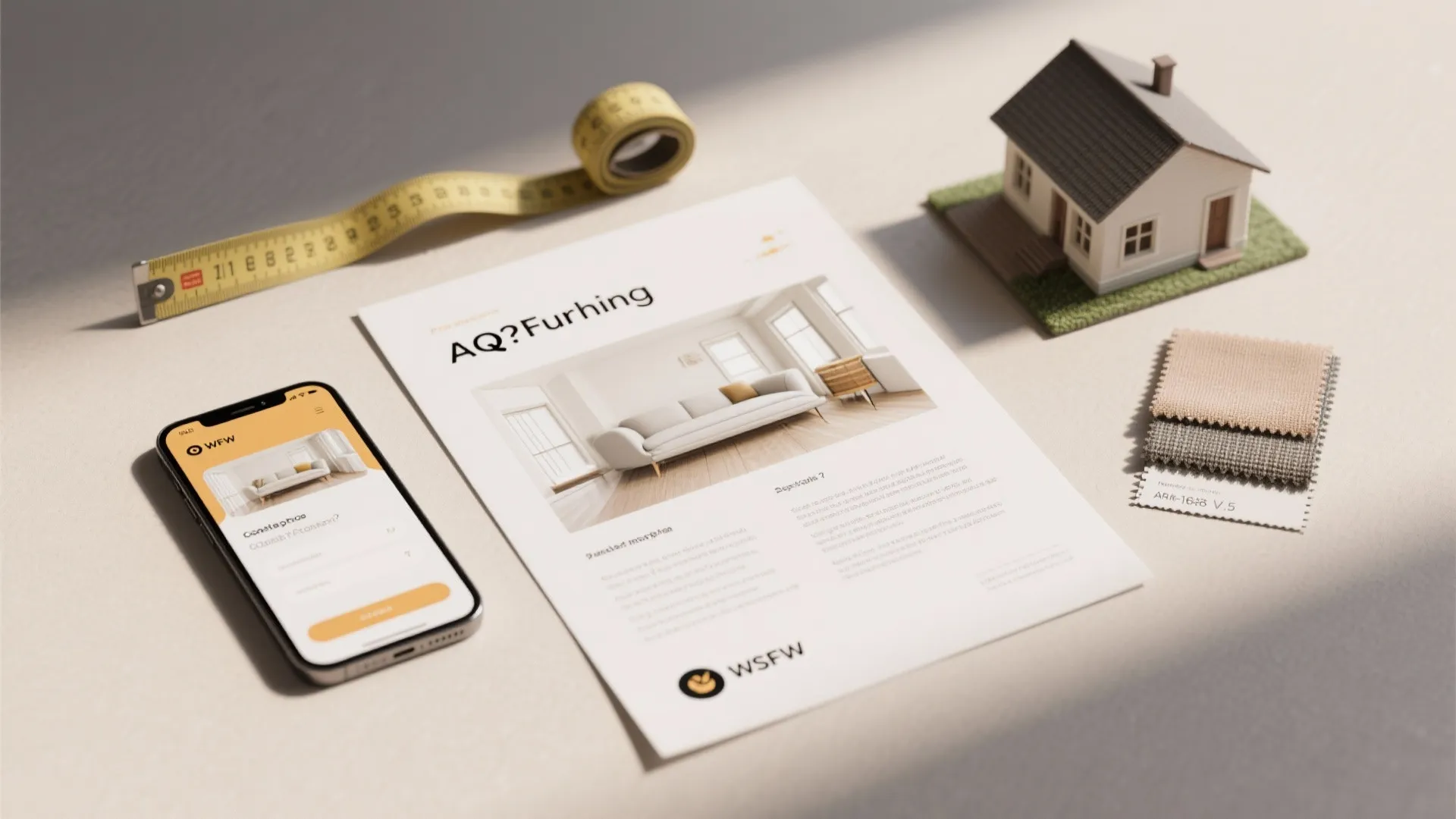 Flatlay with FAQ sheet, measurement tools and a phone showing a room planning app