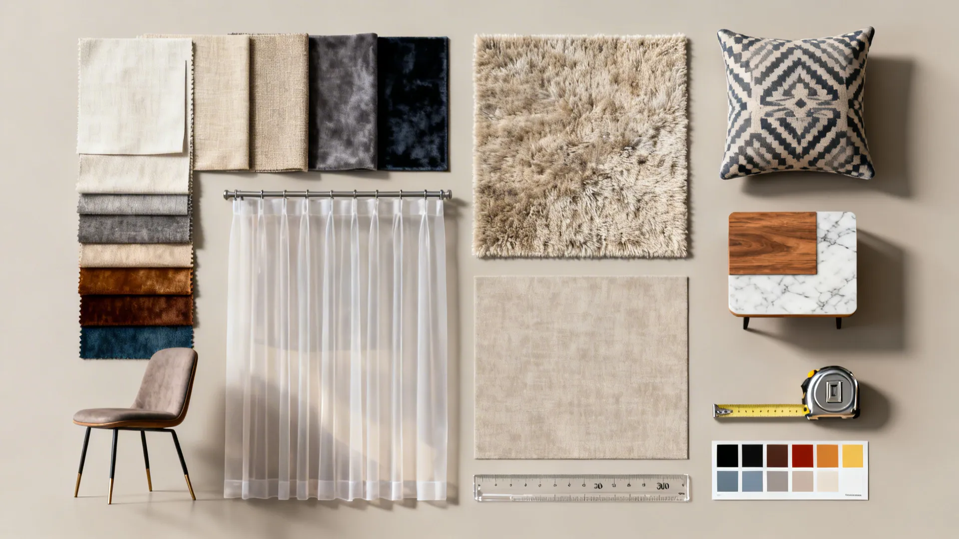 Flatlay of rug, fabric swatches, cushions and material samples for living room planning.