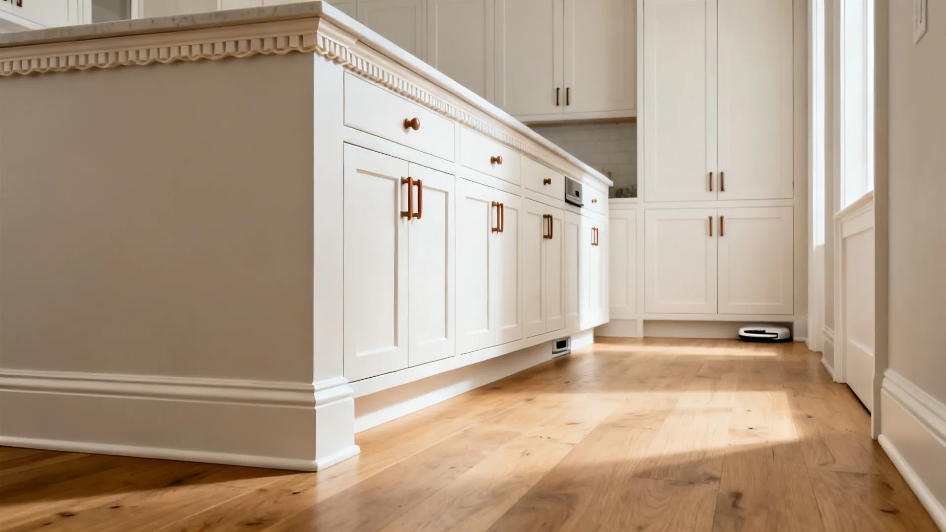 Base cabinets with shallow beaded molding and varied toe-kick depths for a custom feel.