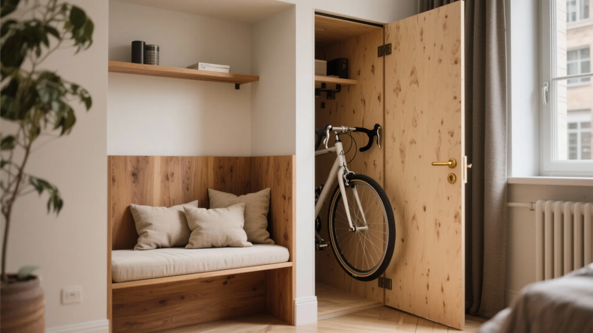Wooden bench with pillows next to a storage closet holding a bicycle in a bright room
