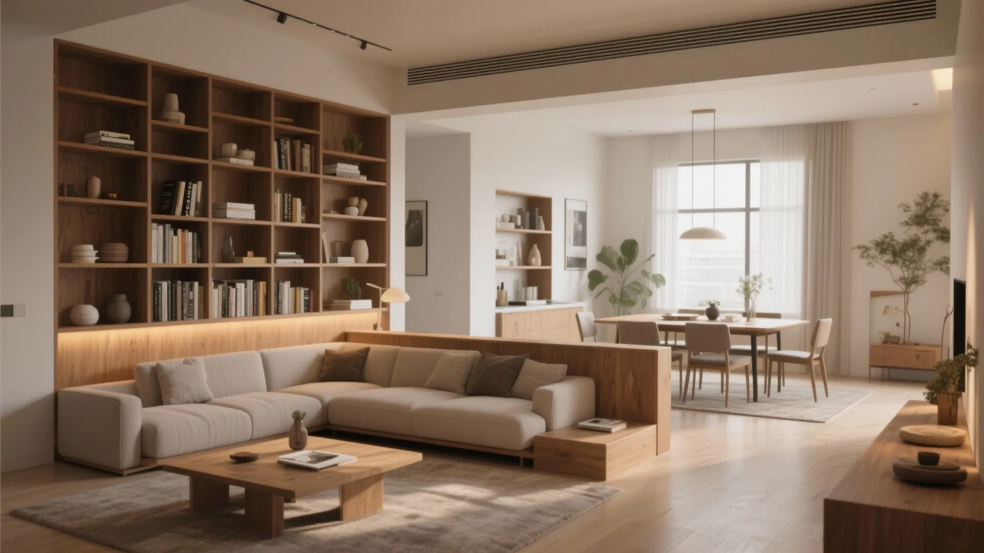 Open living and dining space with a bookshelf divider and airy layout