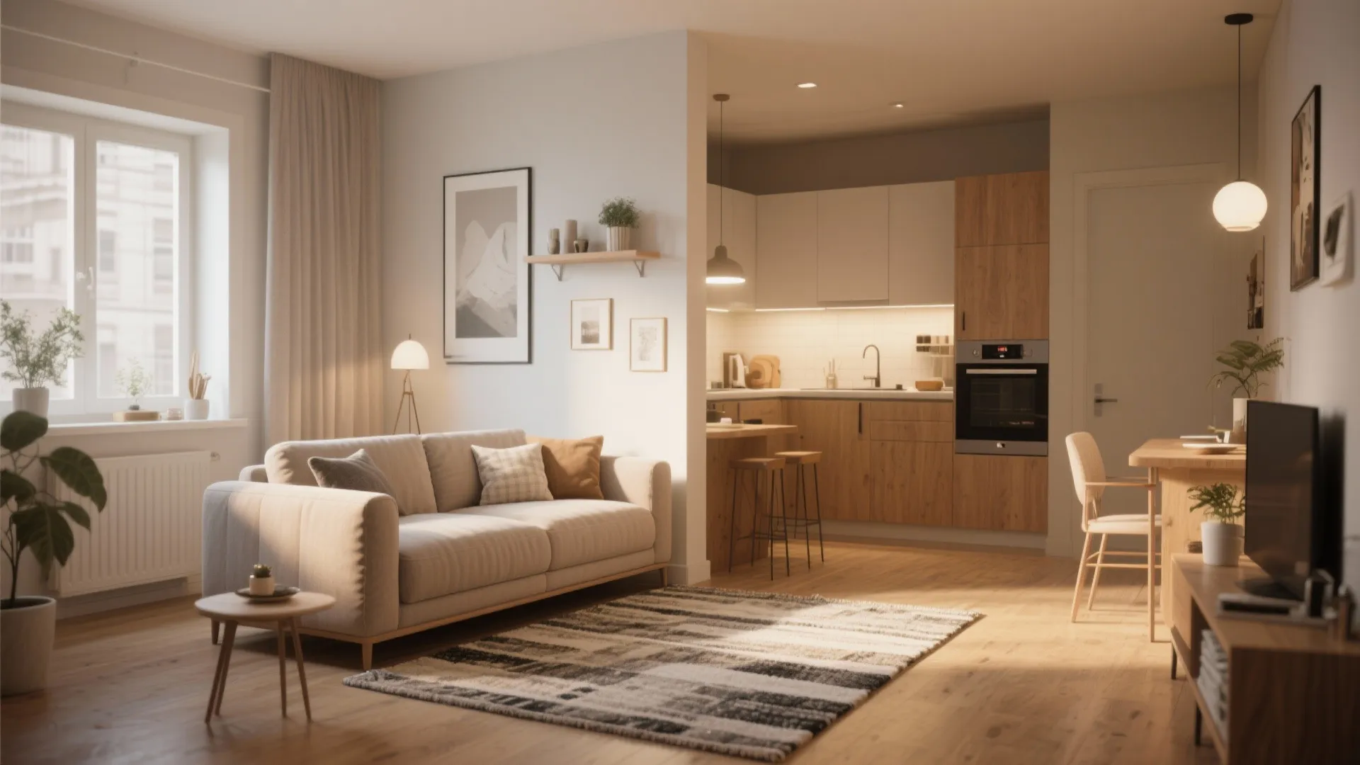 Sofa placement dividing kitchen and living space with rug for definition