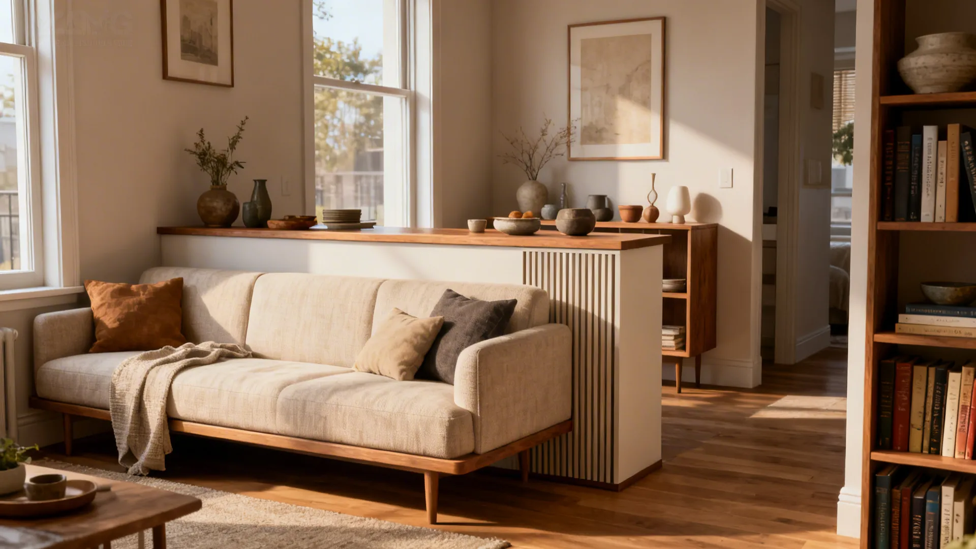 Low sofa with a slim console behind it acting as a functional divider between kitchen and living space.