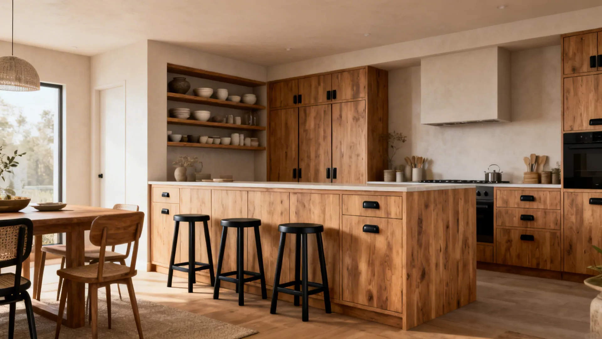 A waist-high sideboard divides kitchen and dining with open shelves and tucked stools.