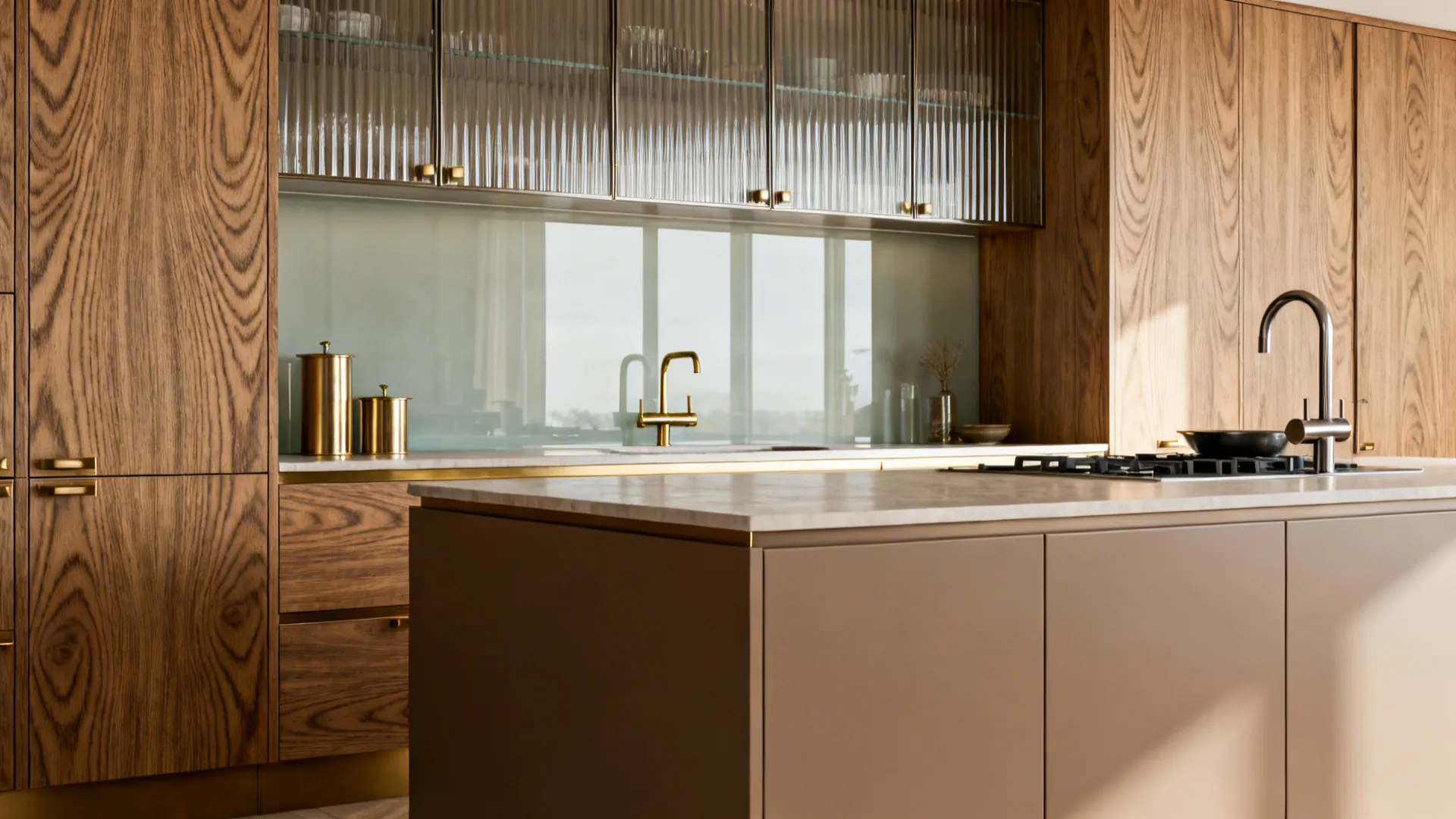 Compact kitchen with quarter-sawn oak, fluted glass, and a light-reflective backsplash.