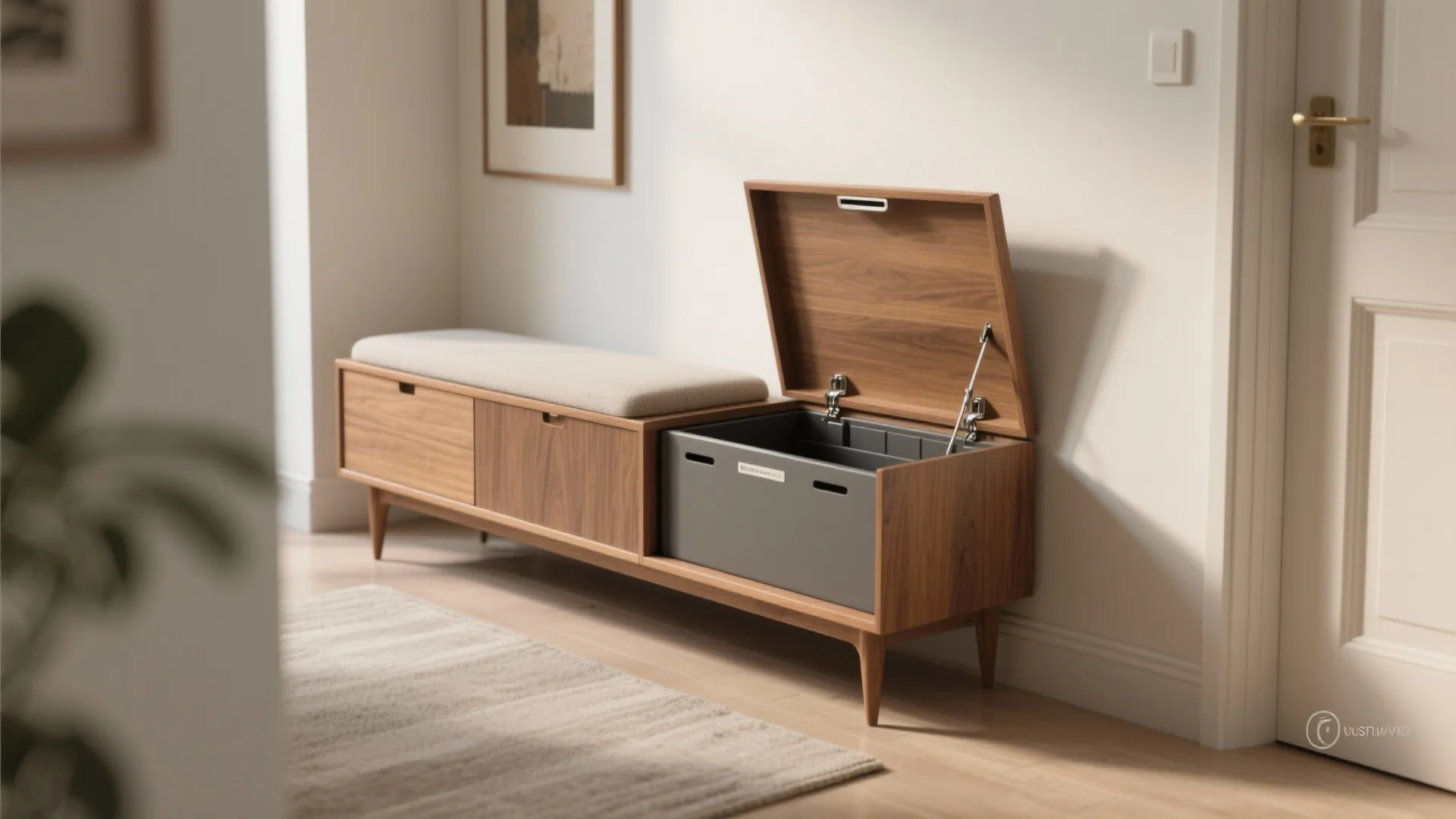 Wooden hallway bench with a cushioned seat and an open storage box for hidden items