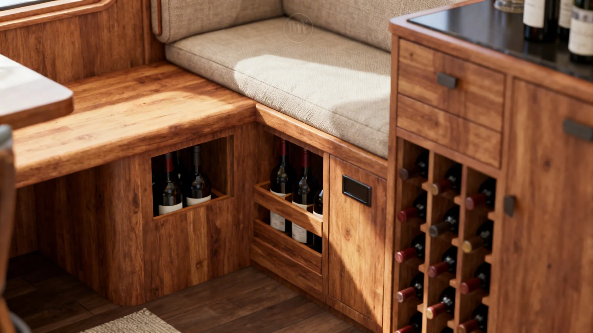 Bench and sideboard with integrated wine bottle slots and detailed joinery.