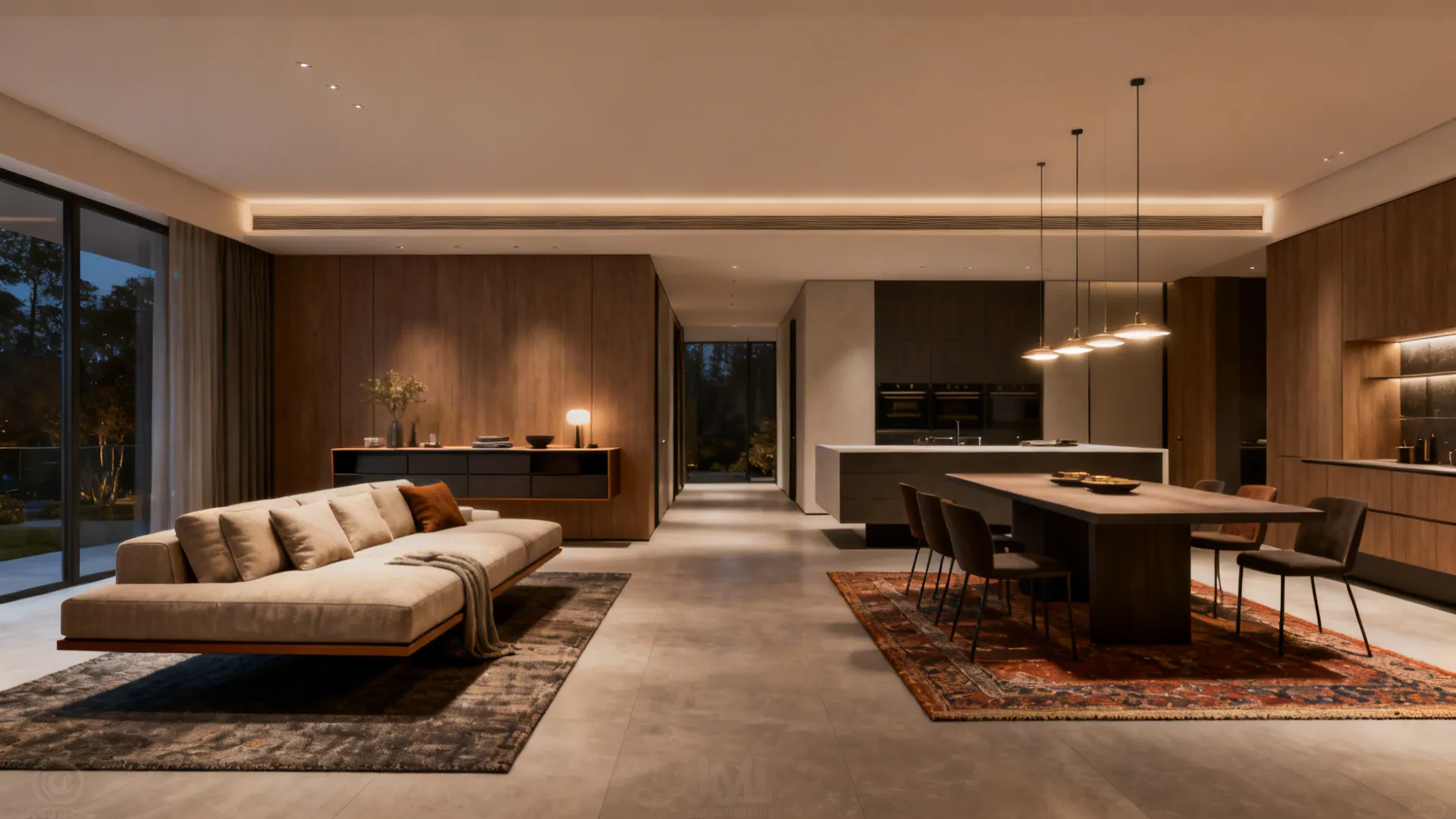 Floating sofas and a dining island arranged as islands creating flow in a large room.