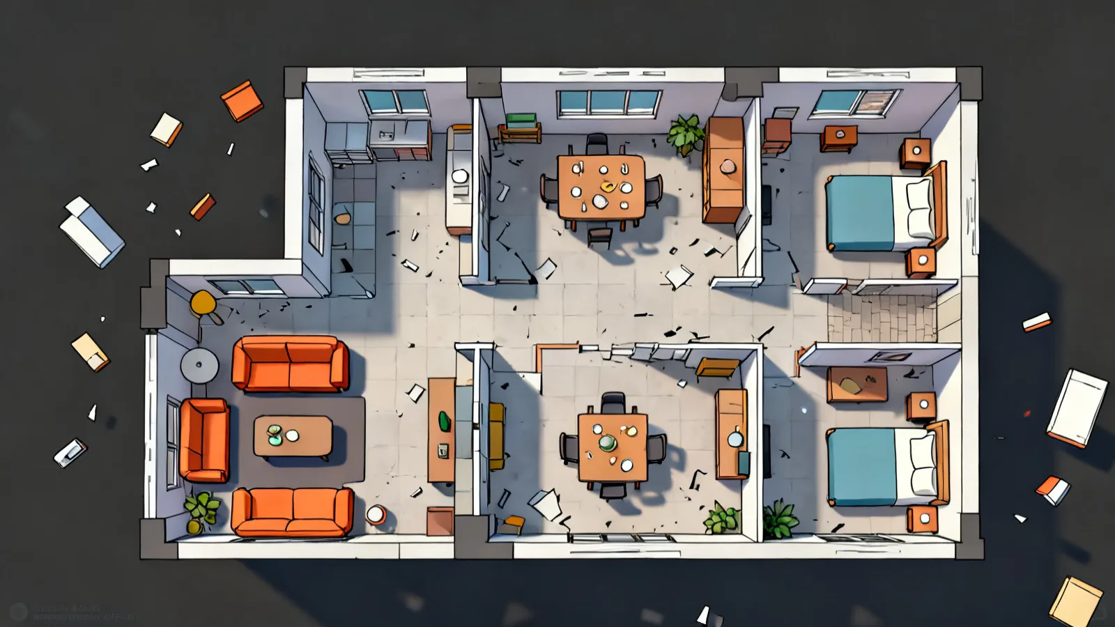 Digital floor plan showing furniture placement and circulation space