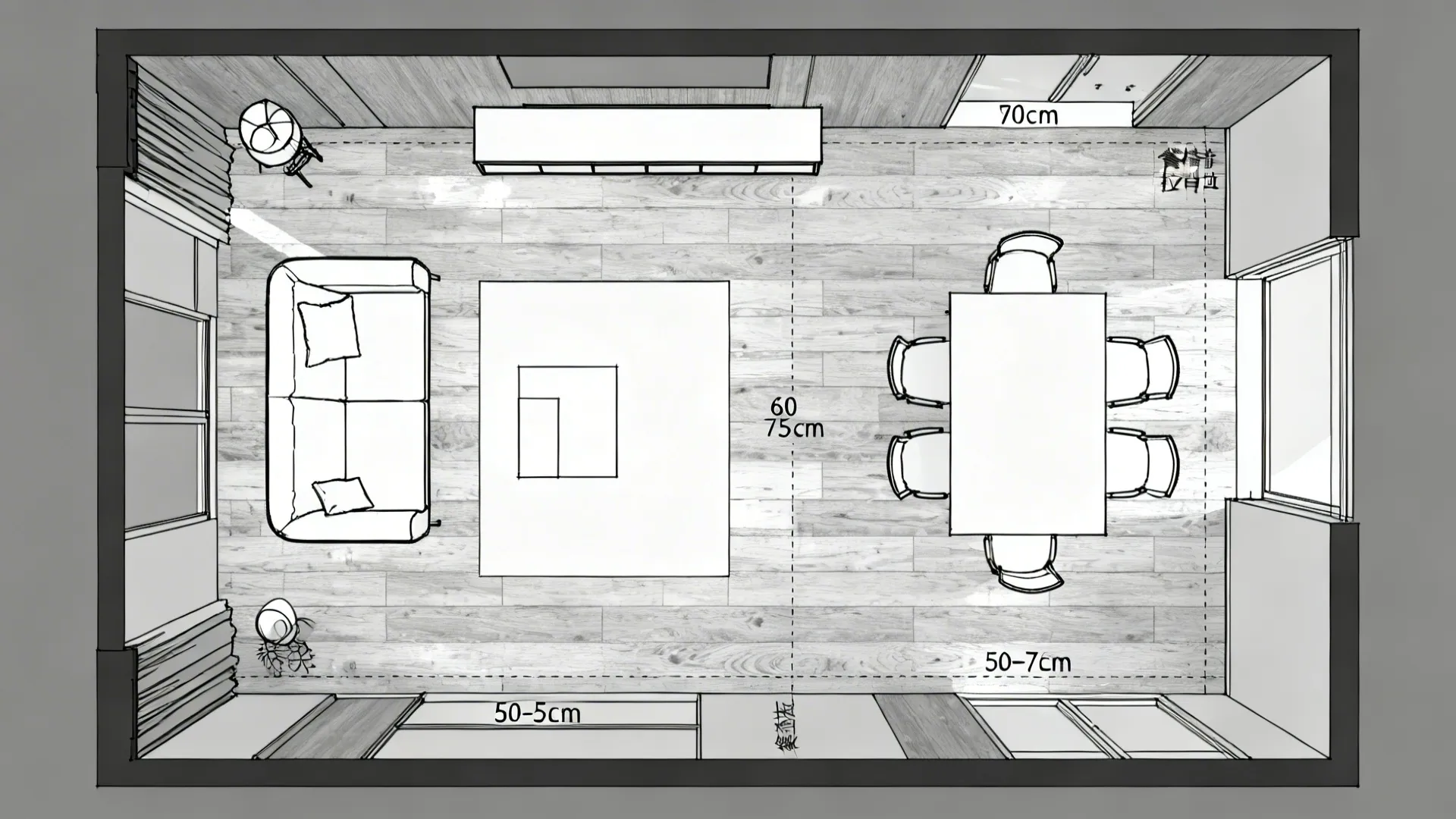 Top-down plan showing sofa and dining zones with clear pull-back and walkways.
