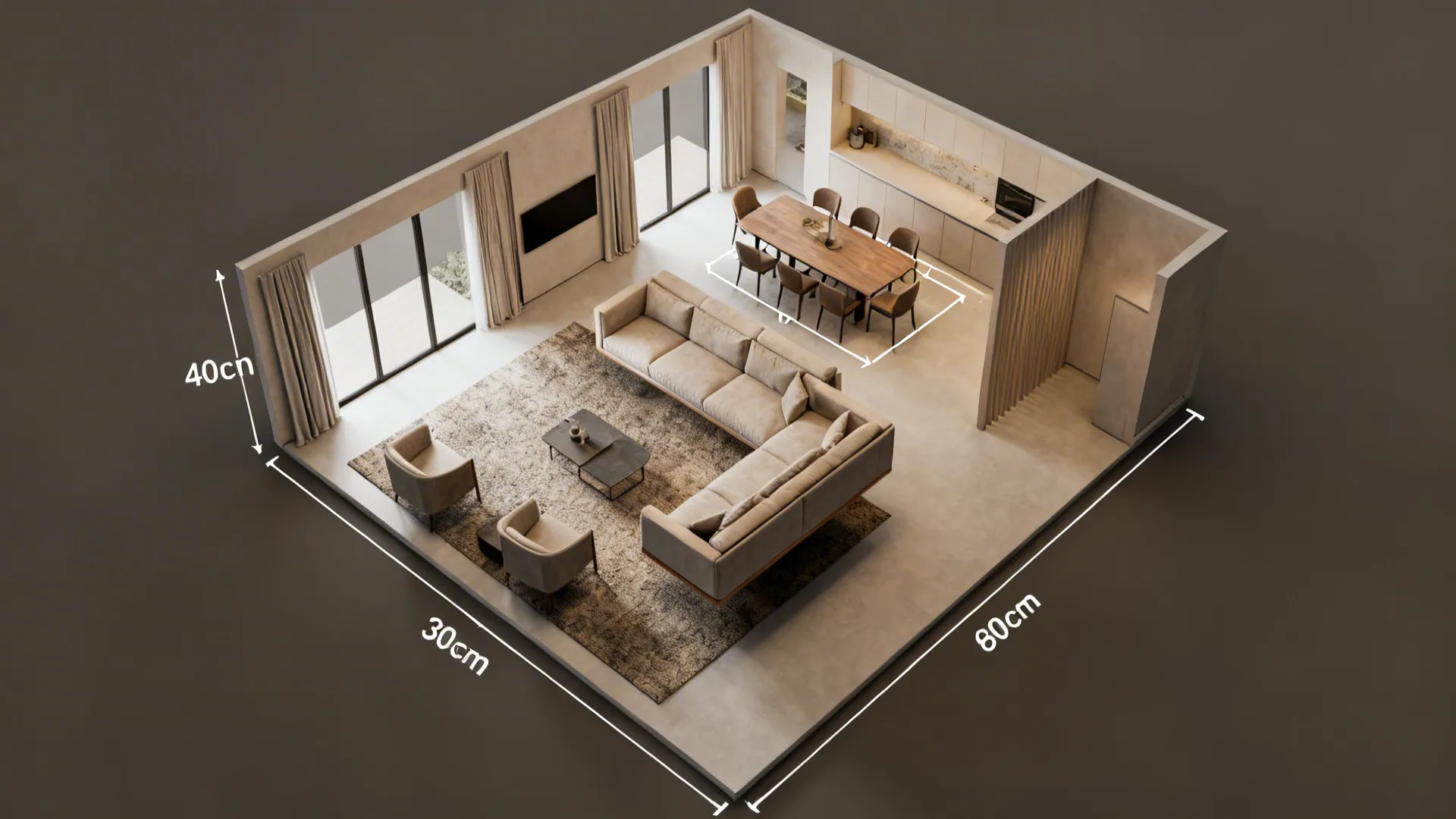 A 3D interior design drawing showing a living room and dining area with furniture dimensions