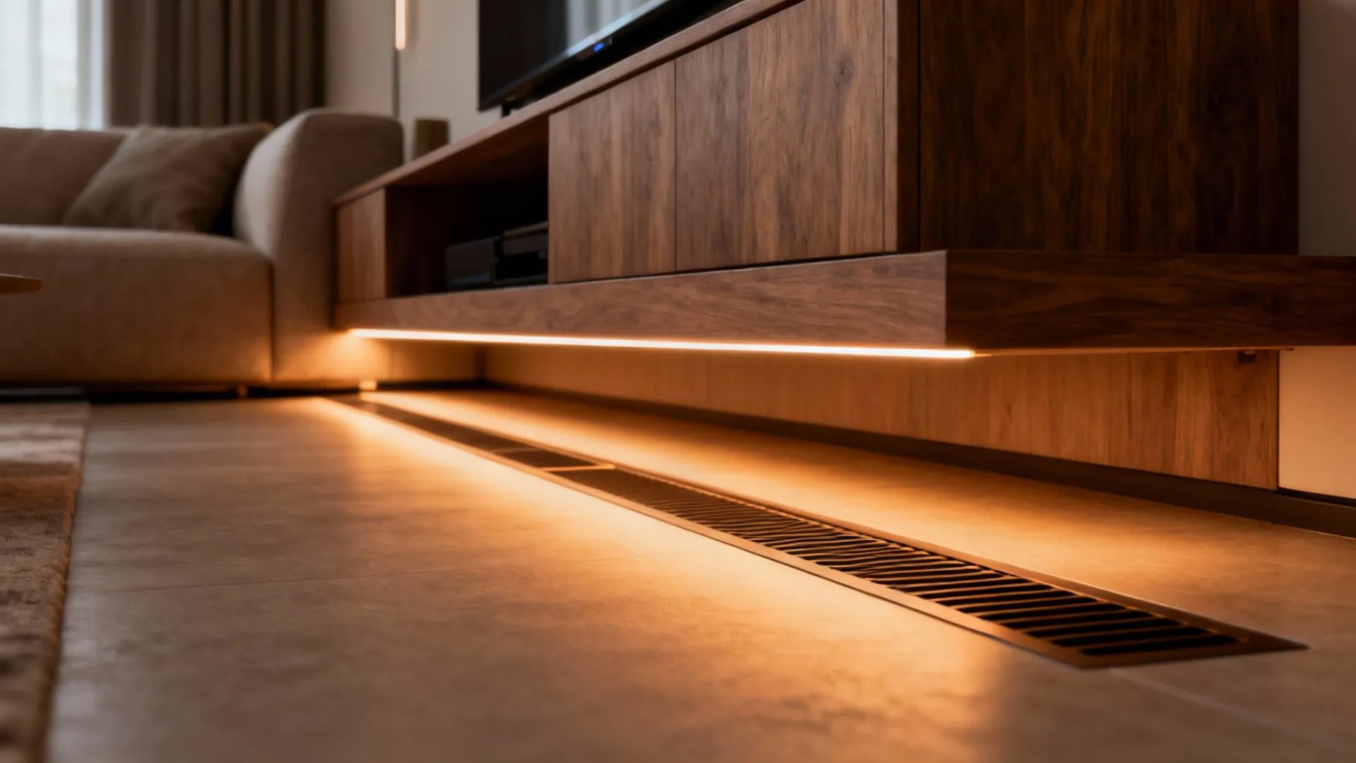 Integrated LED strips under a floating console and sofa base producing a runway effect.