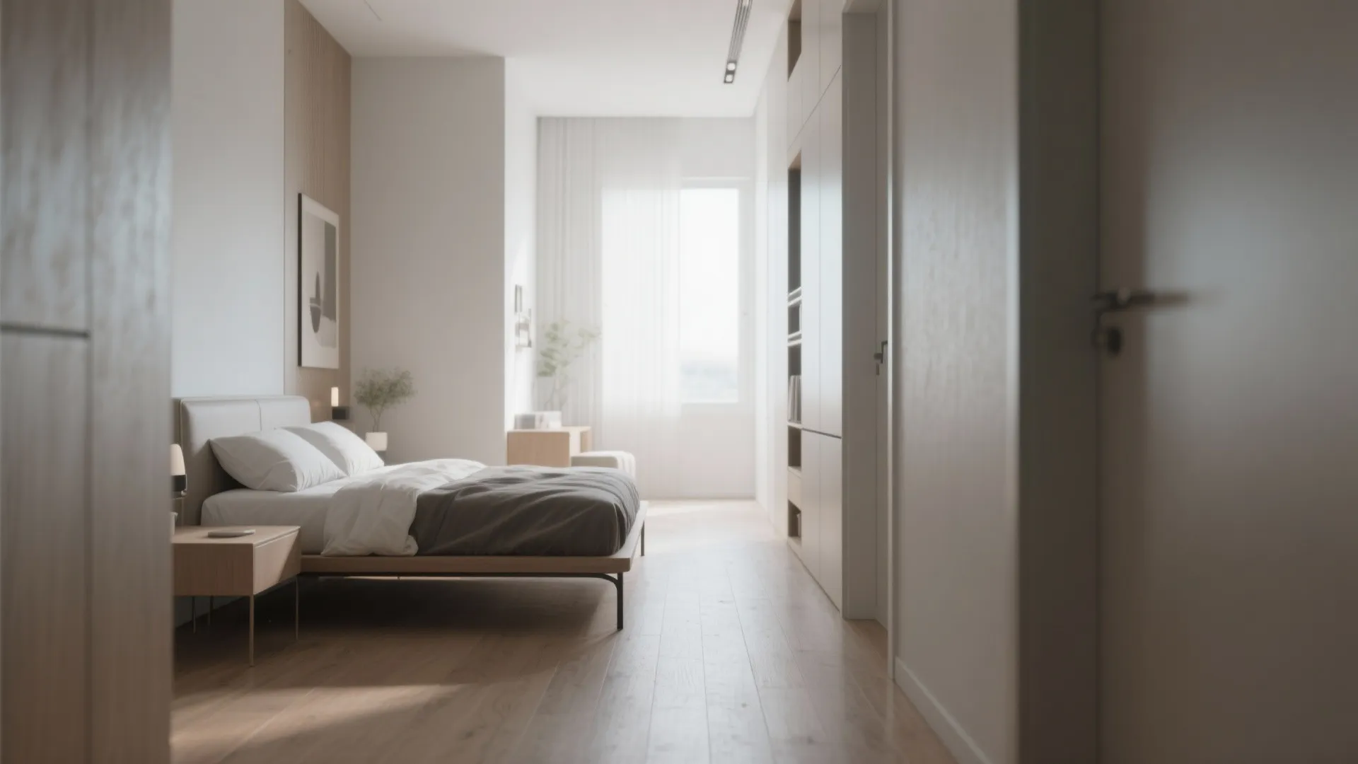 Minimalist bedroom with a grey bed wooden table desk near window and light wood floors
