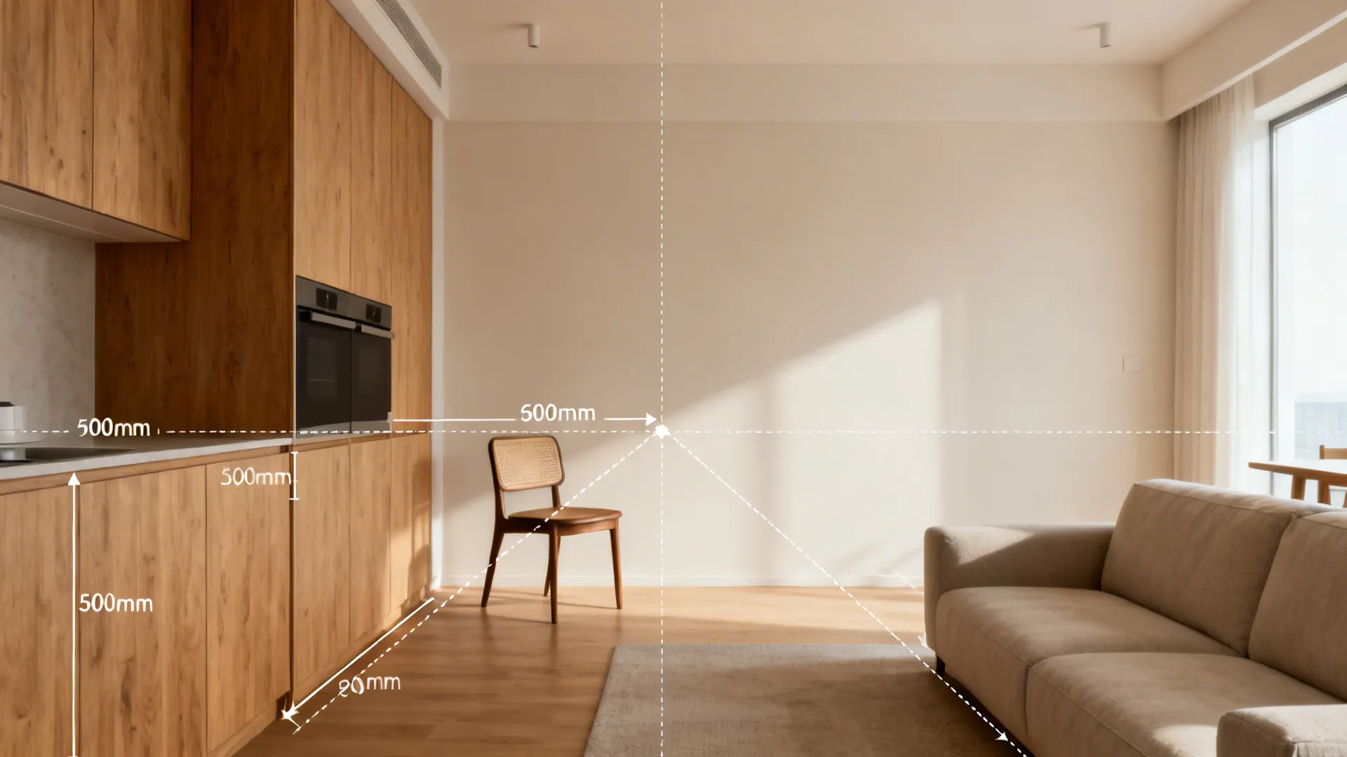 Furniture laid out in two-point perspective using measuring lines for consistent scale and spacing.
