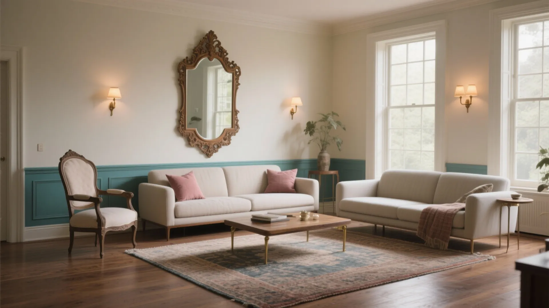 Classic living room with white sofas wooden coffee table large mirror and teal wall panel