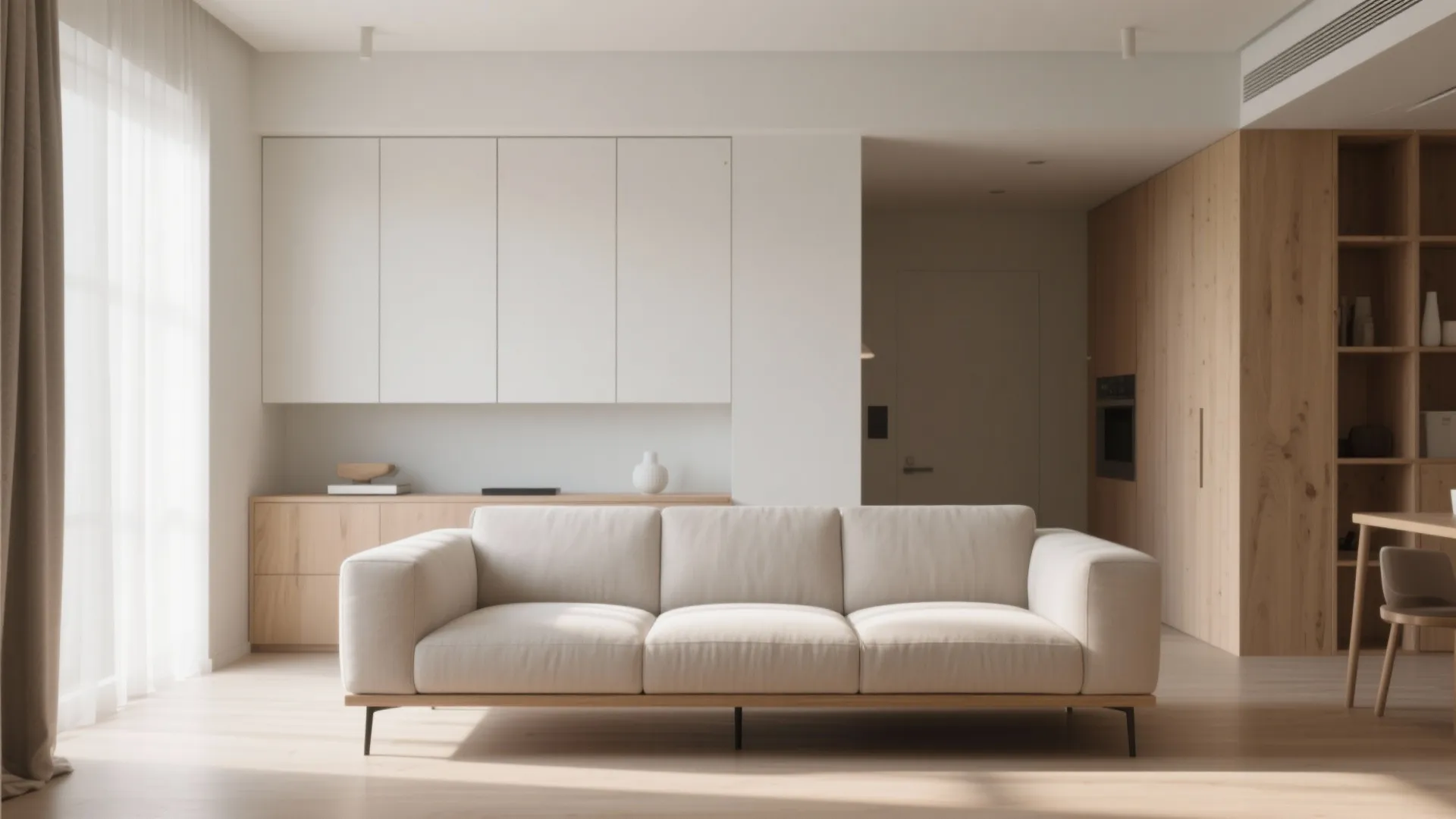 White sofa with thin legs in a bright room with wooden cabinets and wall decorations