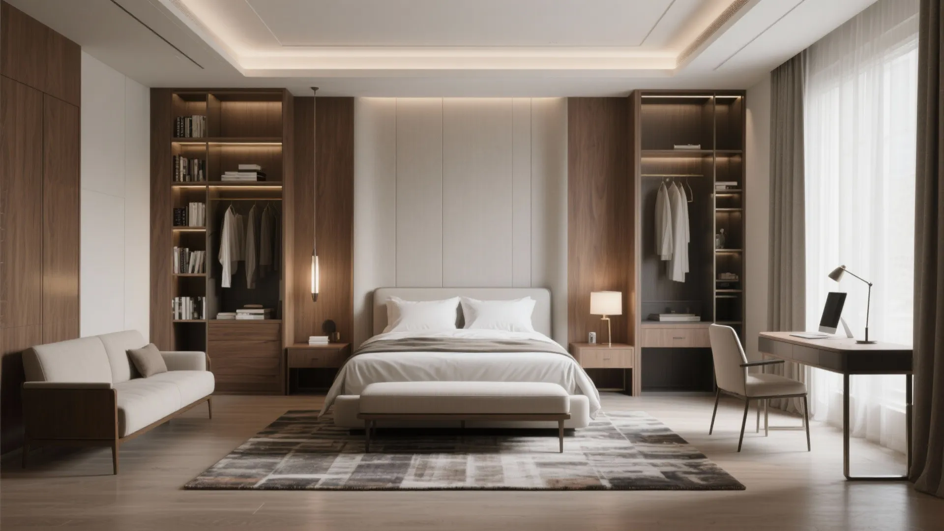 Large bedroom with furniture used as soft partitions to define a conversation corner and work alcove.