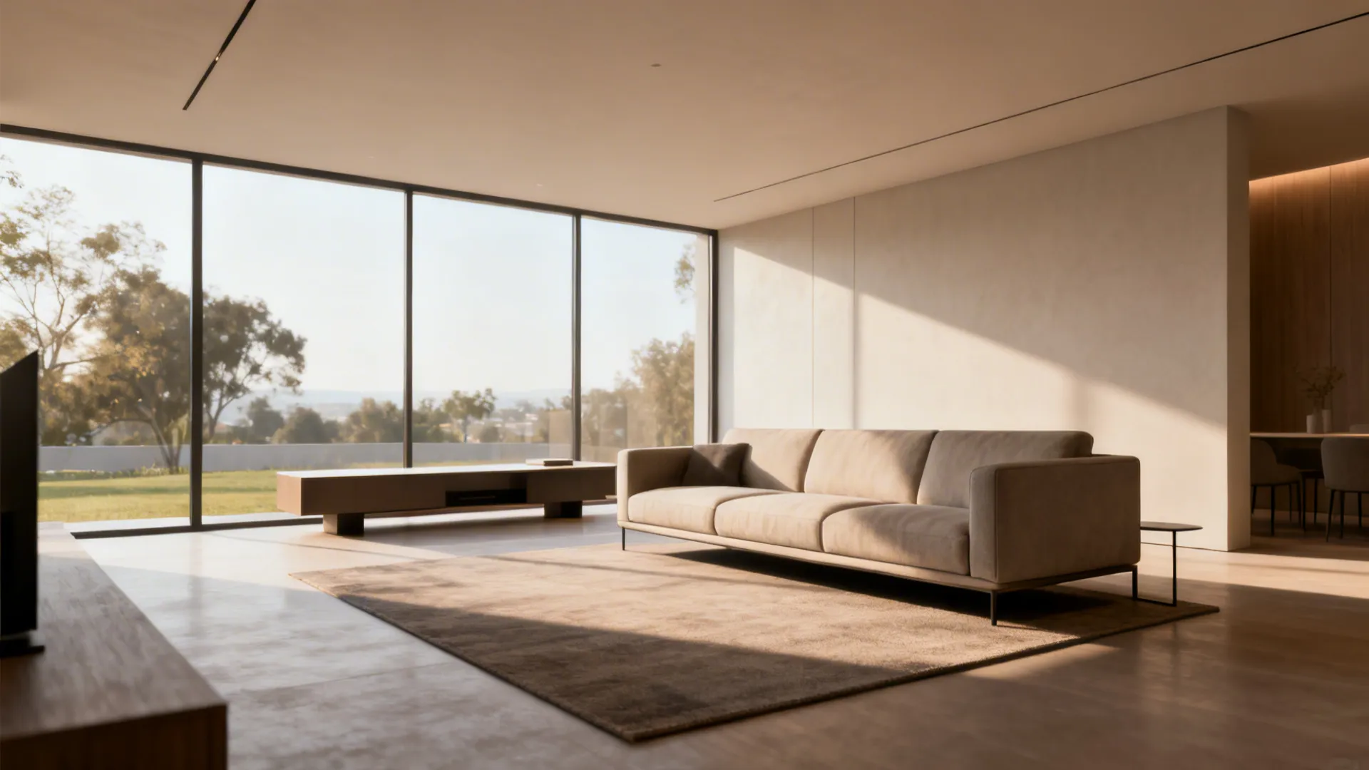 Sofa set slightly away from a large window with a low console behind, defining the seating area and preserving the view.