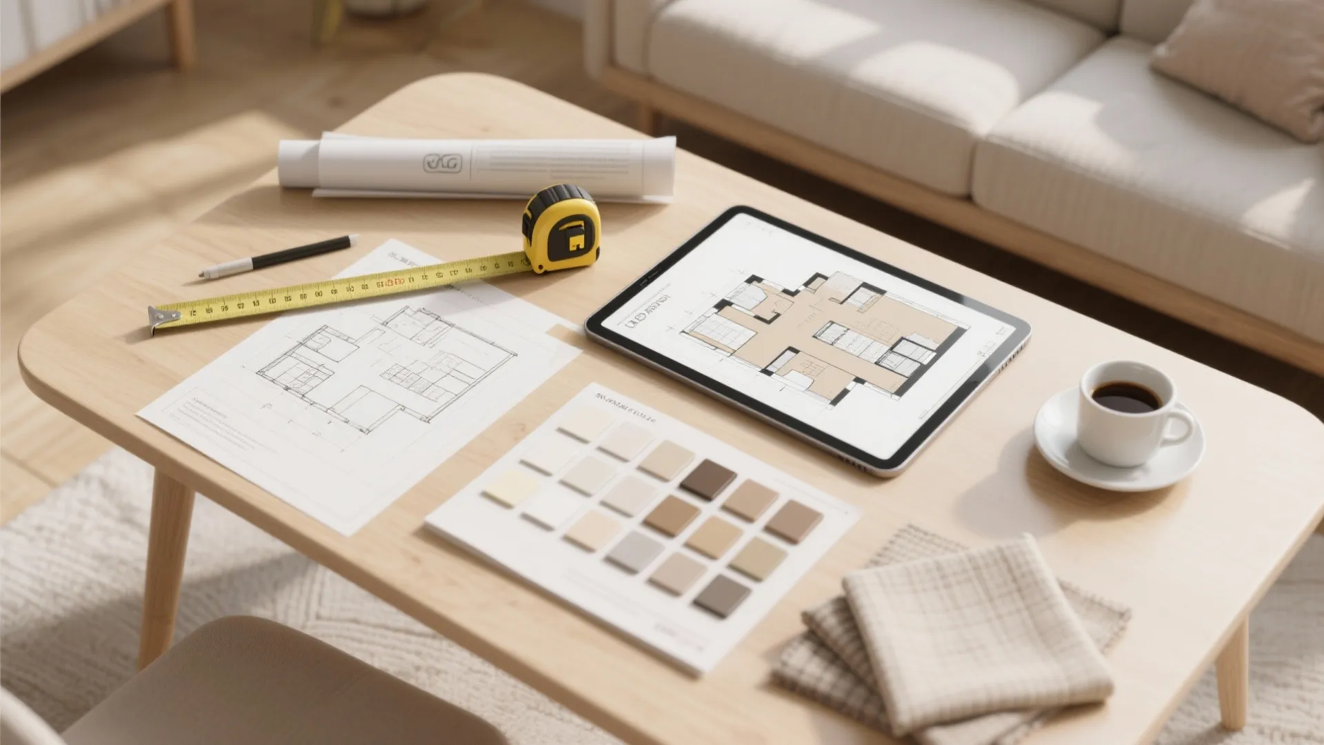 Wooden table with interior design drawing on tablet along with measuring tape and color samples
