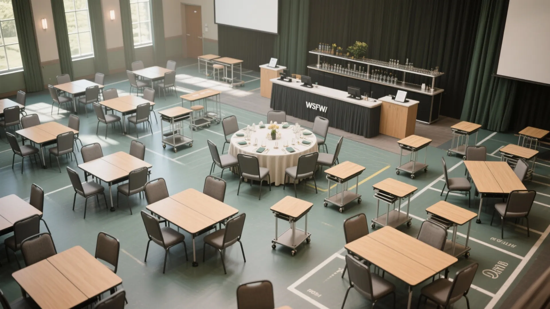 Room layout with many wooden tables and gray chairs arranged for a meeting or event space