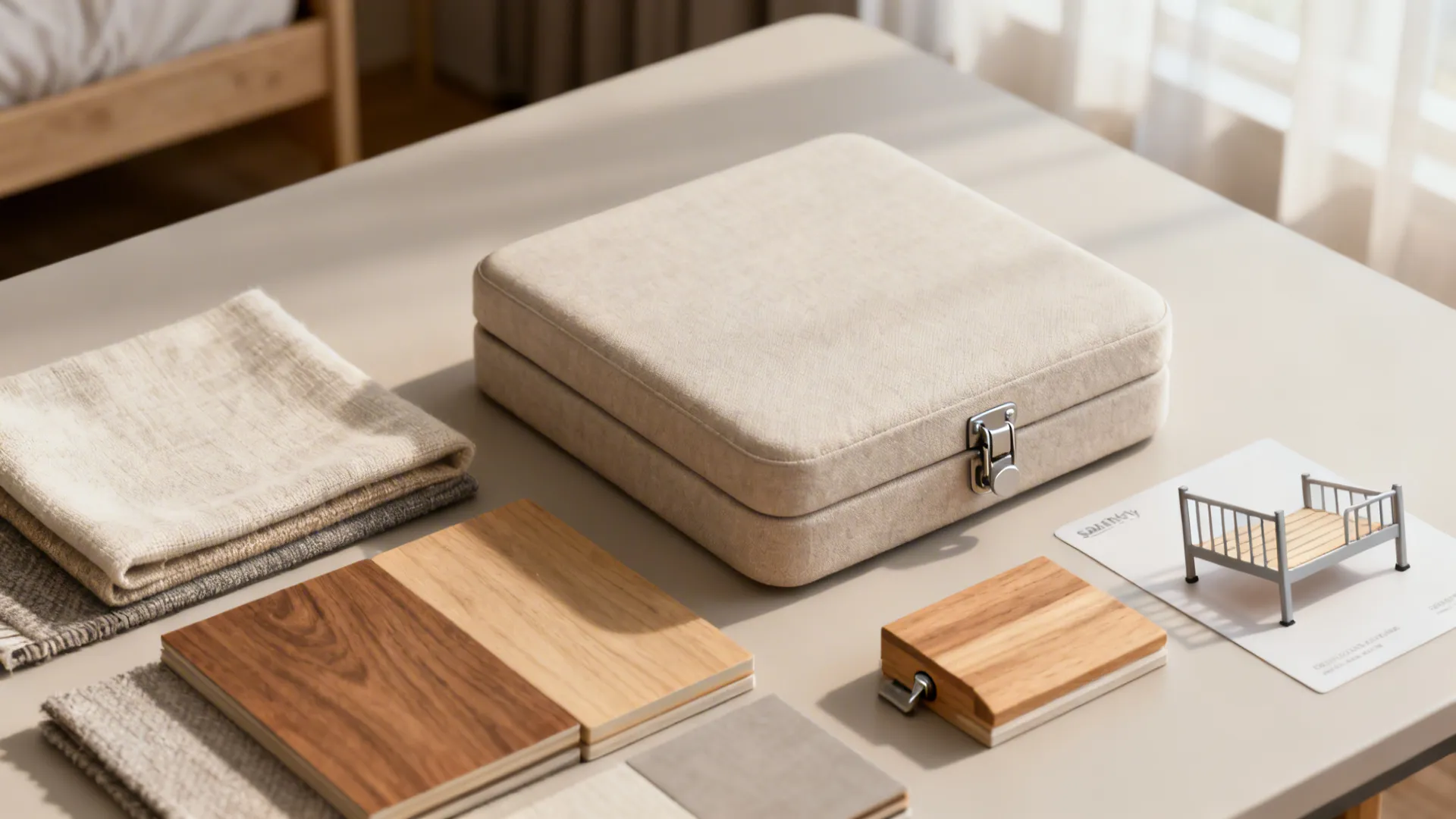 Interior design material samples including fabric swatches wood floor pieces and a small furniture model