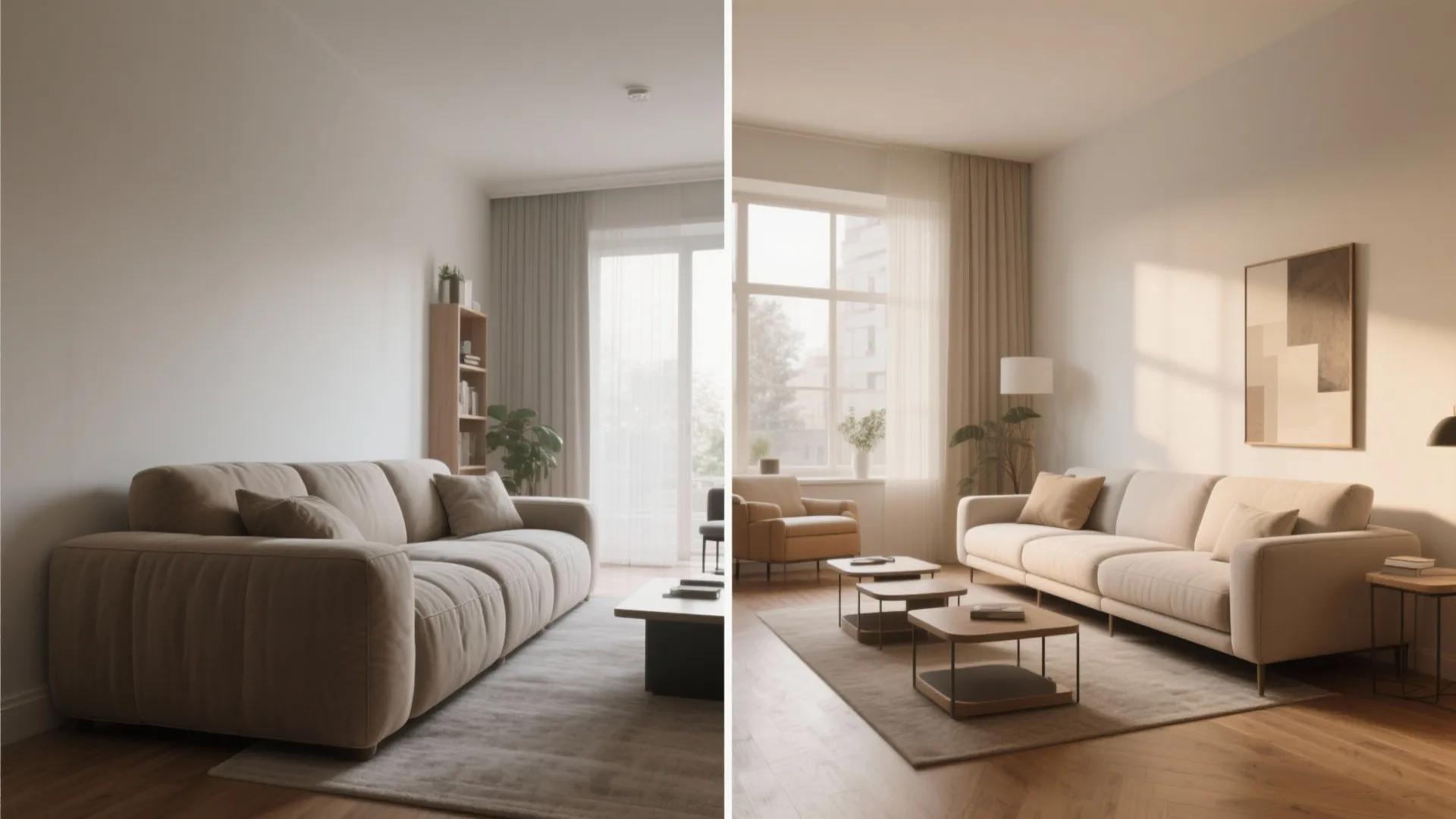 Before and after side by side view showing living room furniture scale and layout design updates