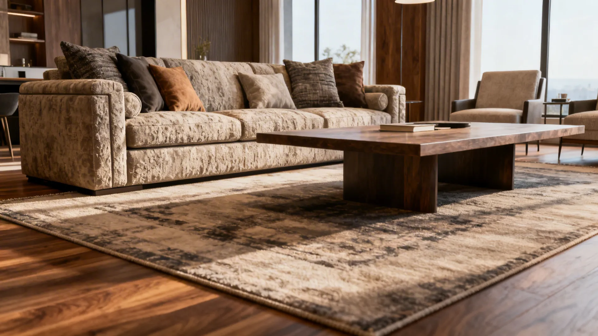 Close up of a grey sofa with pillows low wooden coffee table and large floor rug