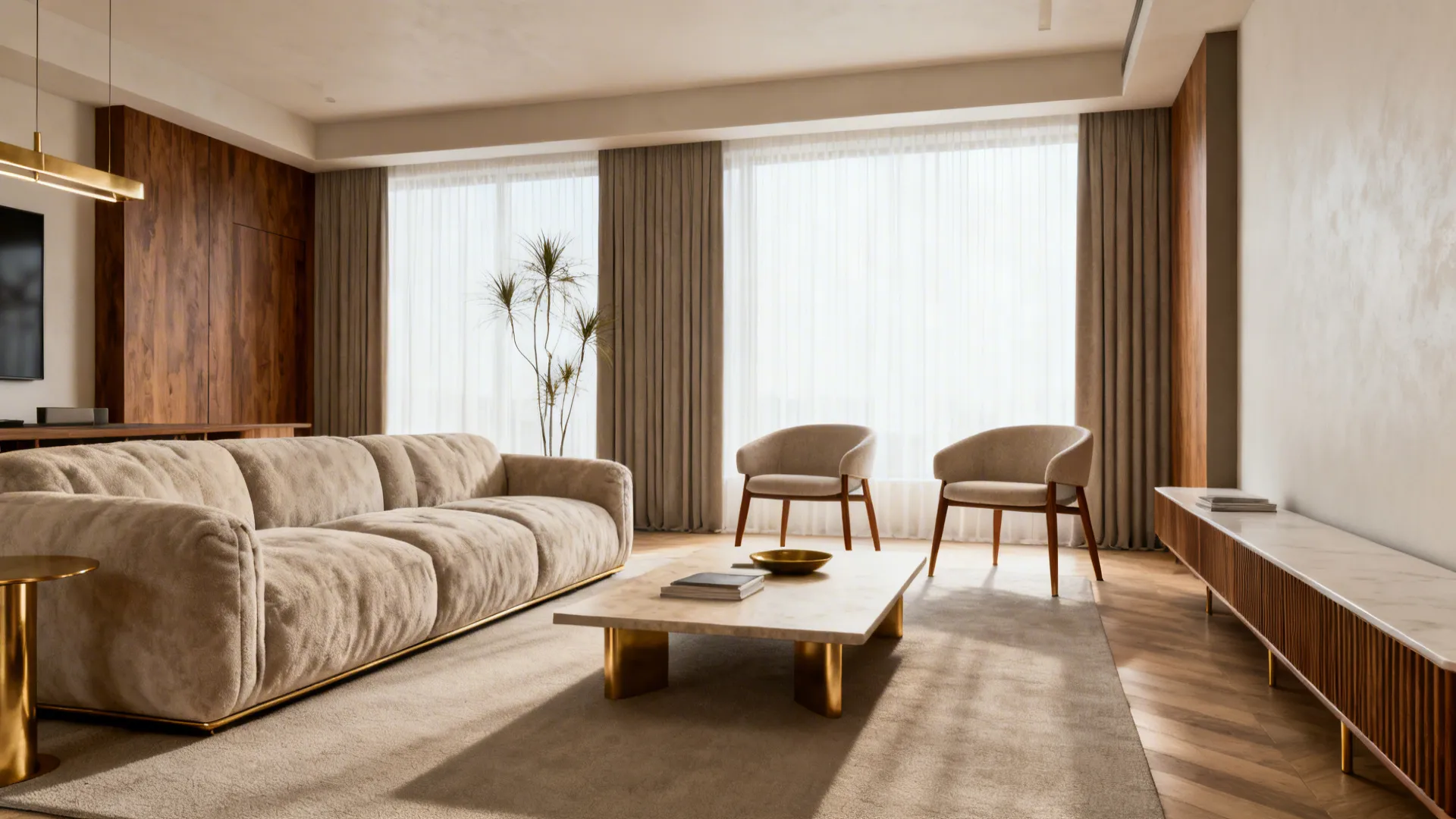 Contrast between large plush sofa in living area and slim sofa with accent chairs in a formal drawing room.