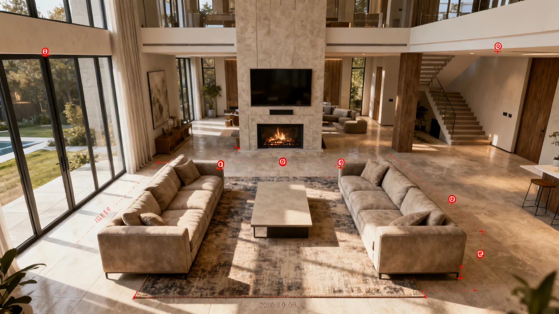 Two-story living room with substantial sectional and sofas anchoring the fireplace seating area