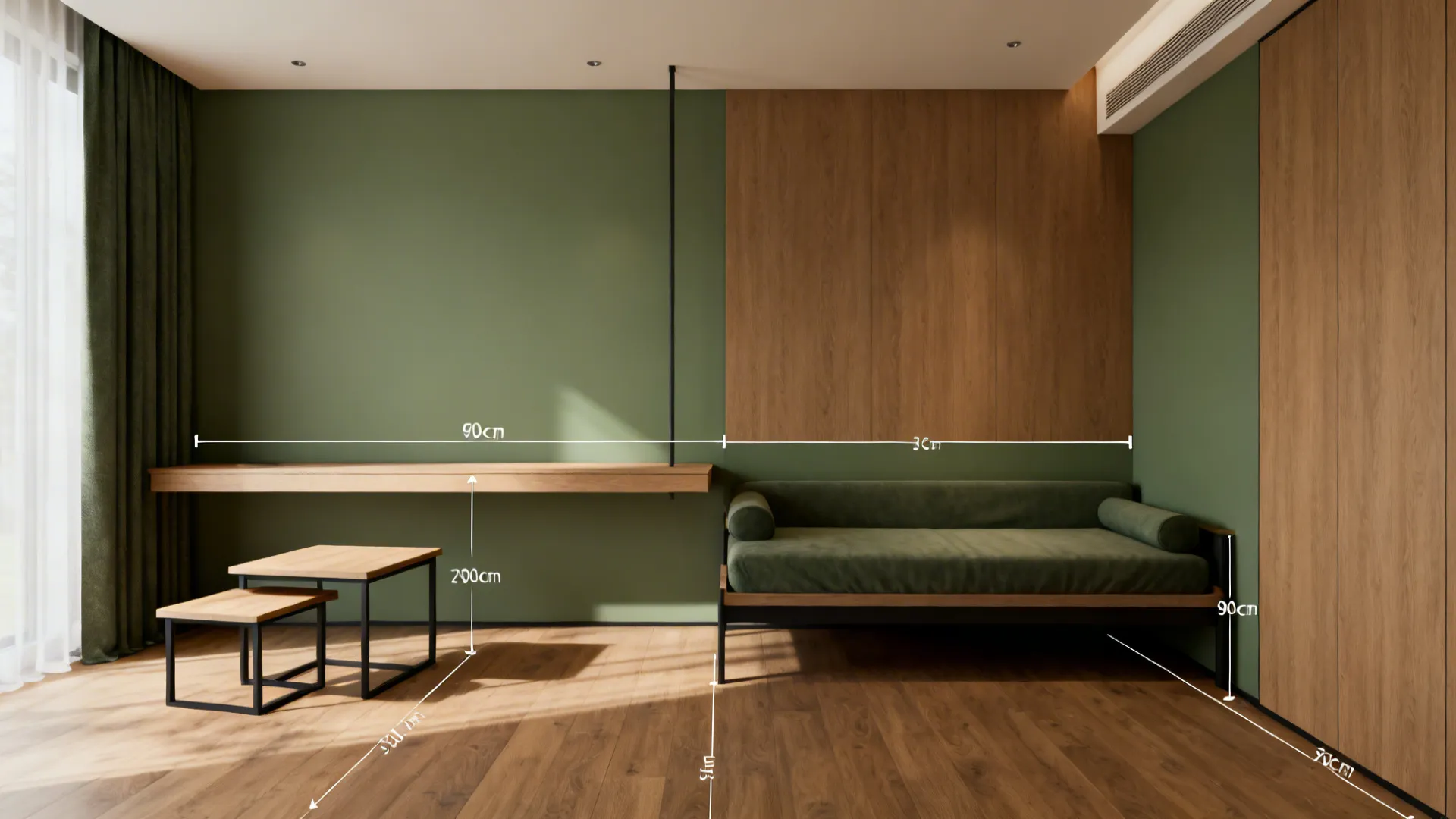 Compact living room showing furniture optimized for scale and a clear circulation path with a measuring tape visible.