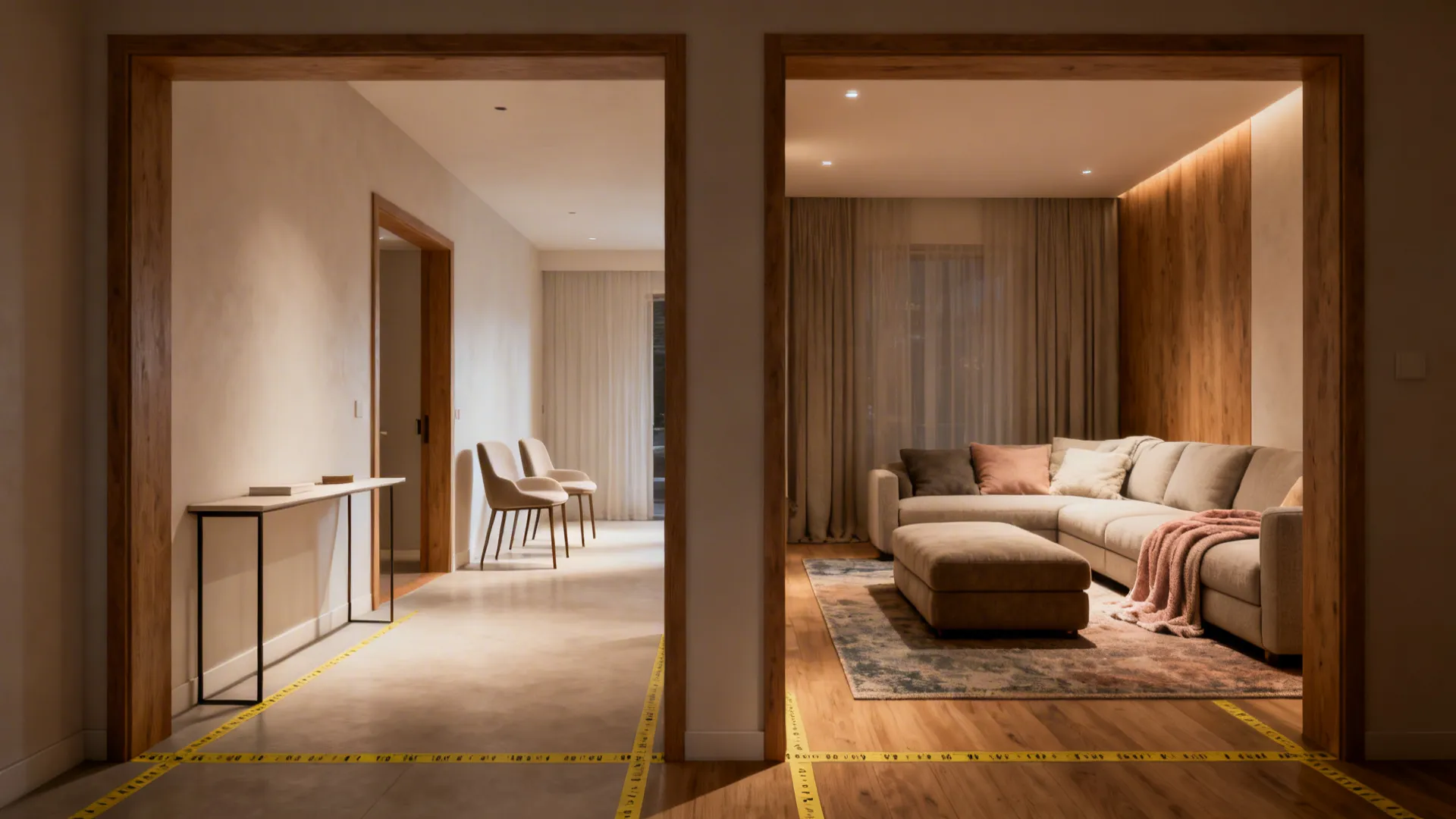 A light formal living area with accent chairs contrasted with a cozy family room with a deep sectional, showing furniture scale and circulation.