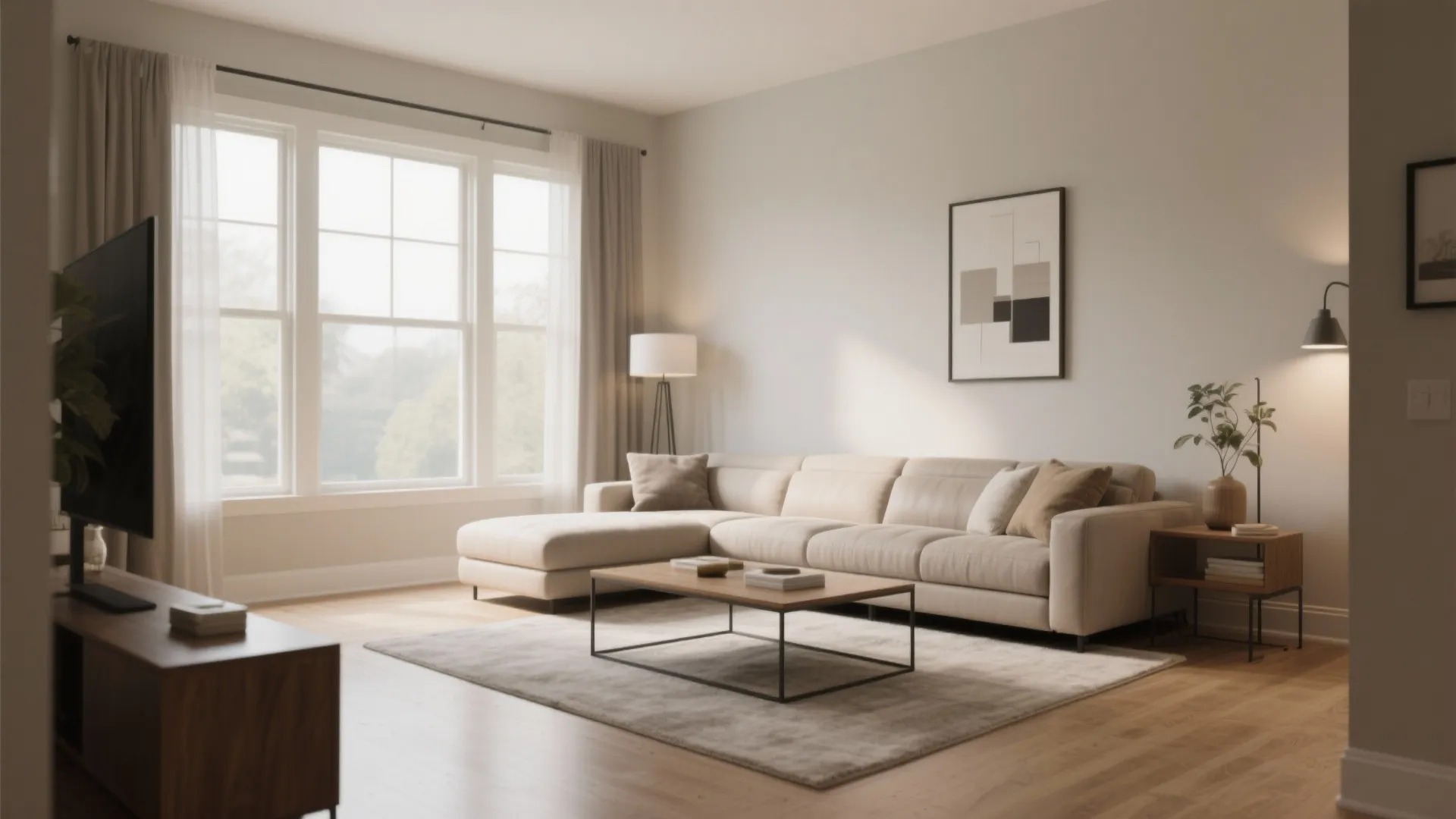 Minimalist living room with large windows plus a long beige sofa and coffee table and rug