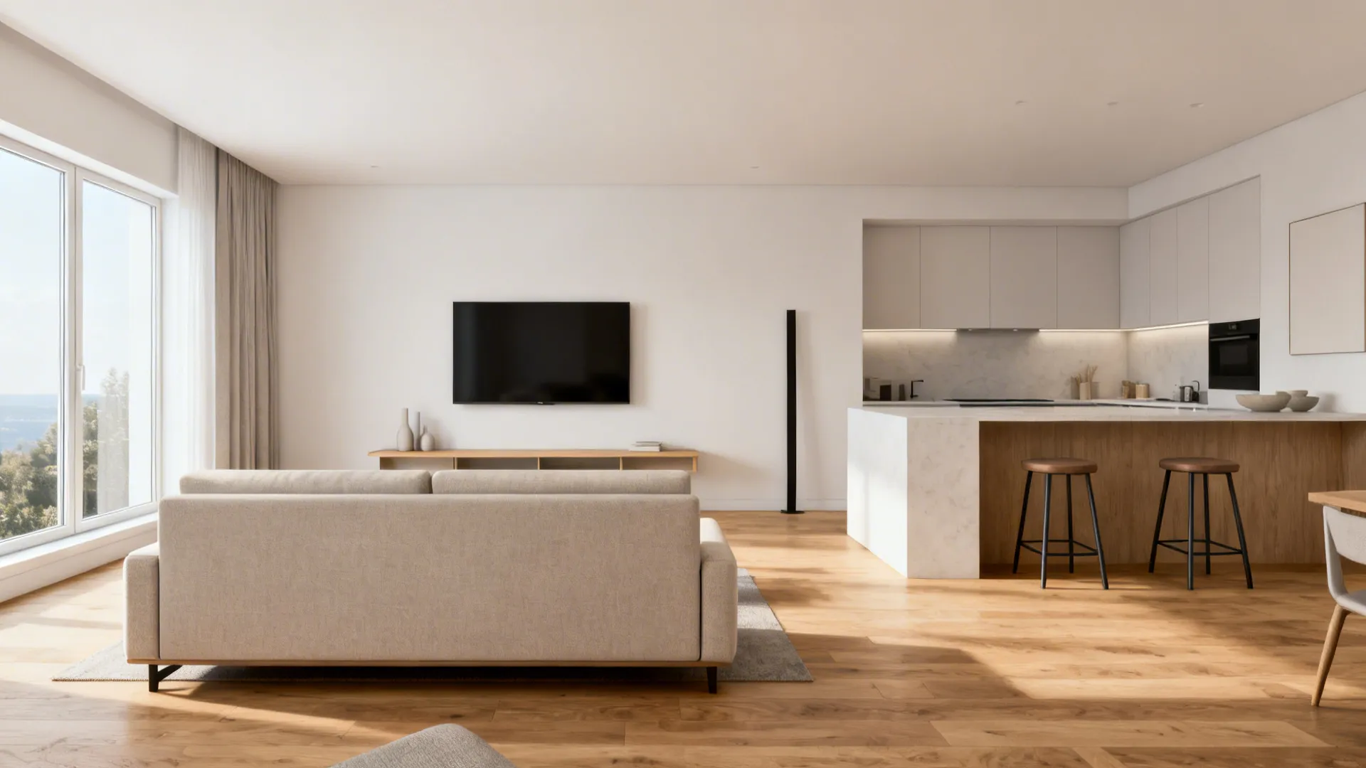 Low-back sofa aligned with sightlines toward a window and kitchen island in an open-plan layout.