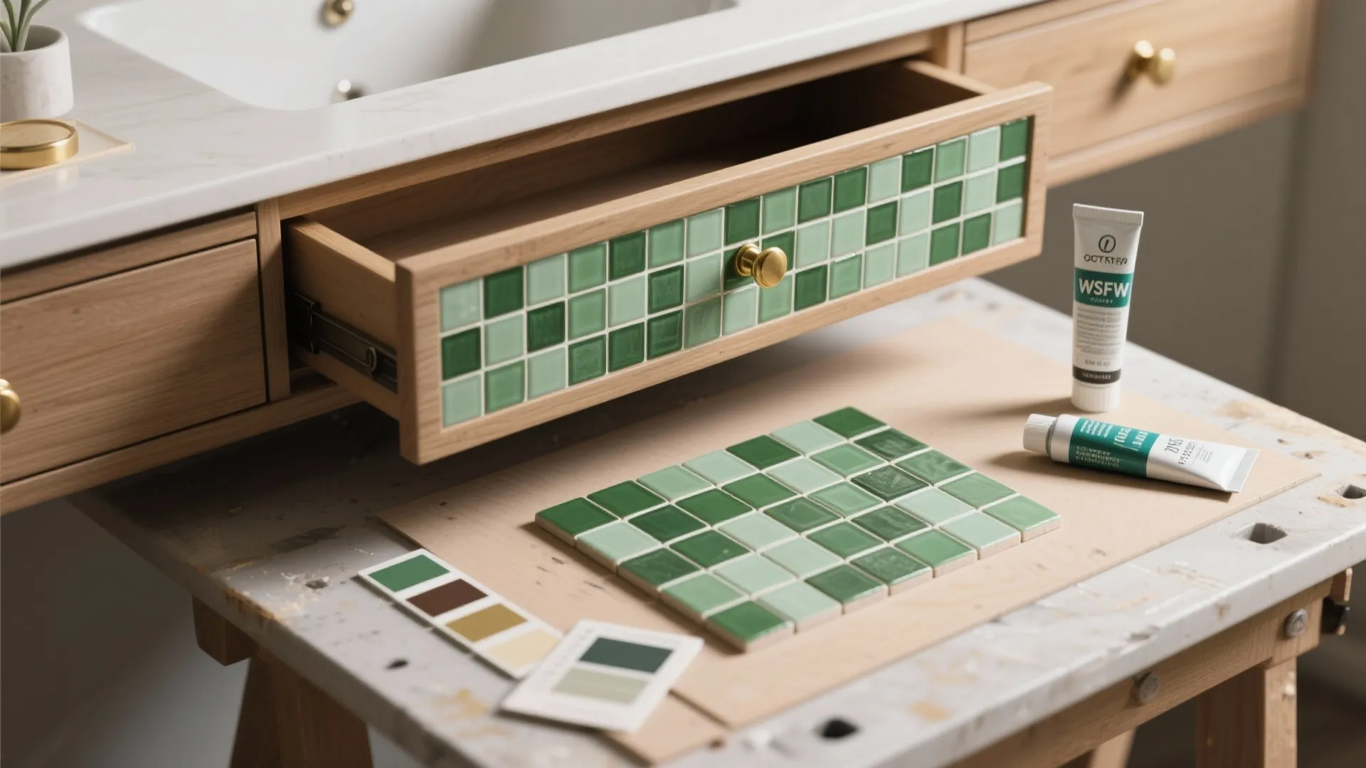 Wooden cabinet with green tile drawer plus tile samples and color swatches on work table