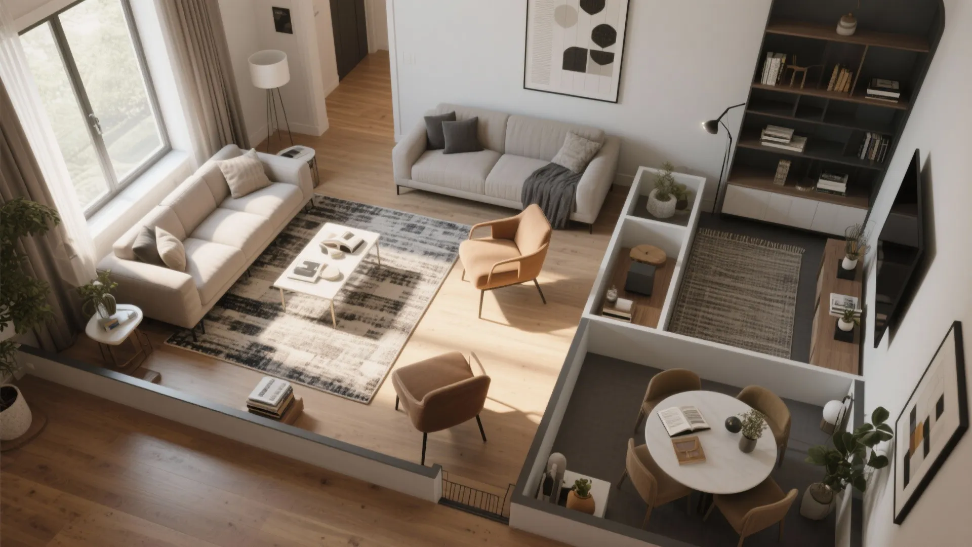 Top-down of living room with zones for conversation and reading