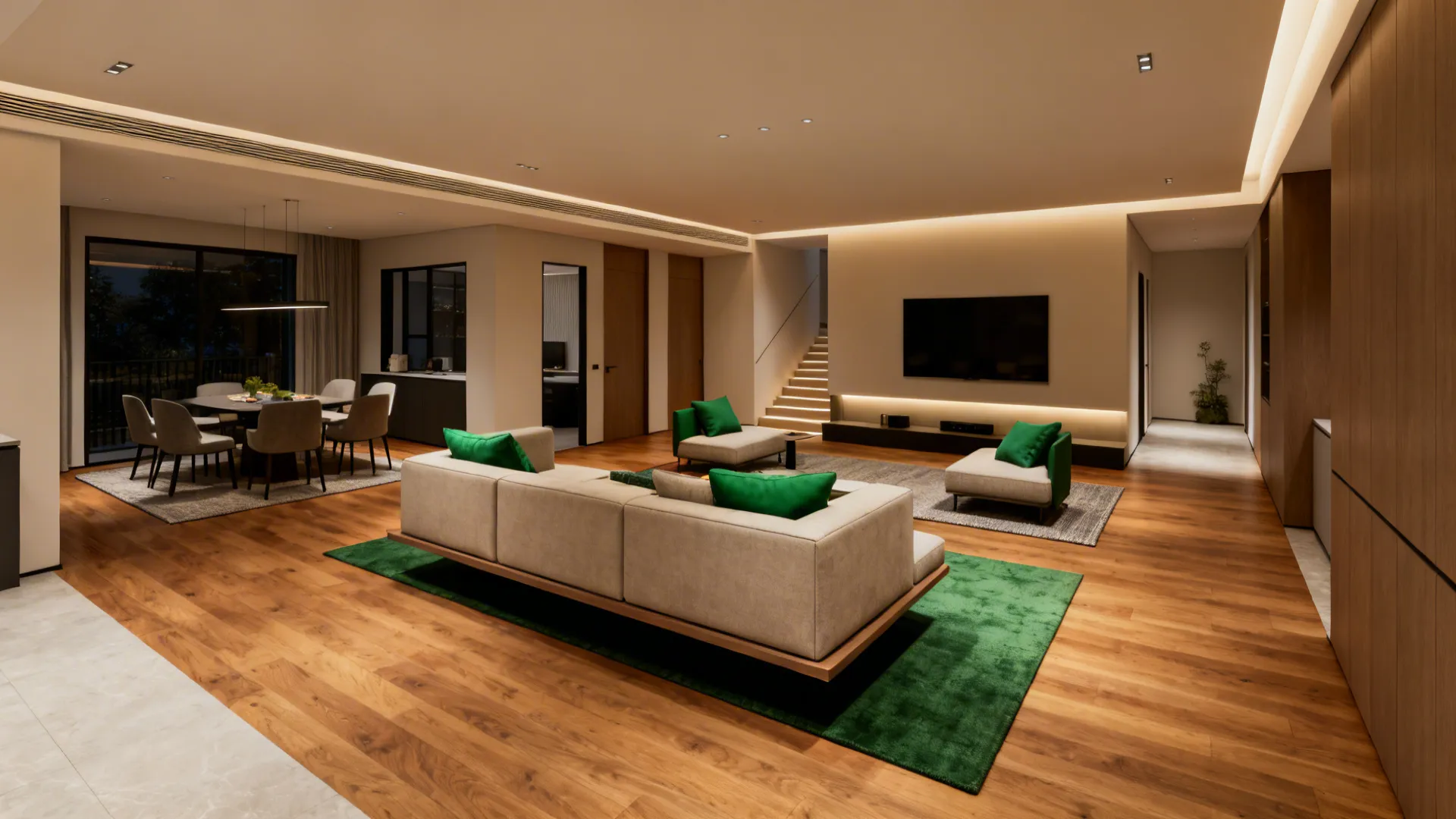 Small room with floating sofa and rugs creating separate living and den zones.