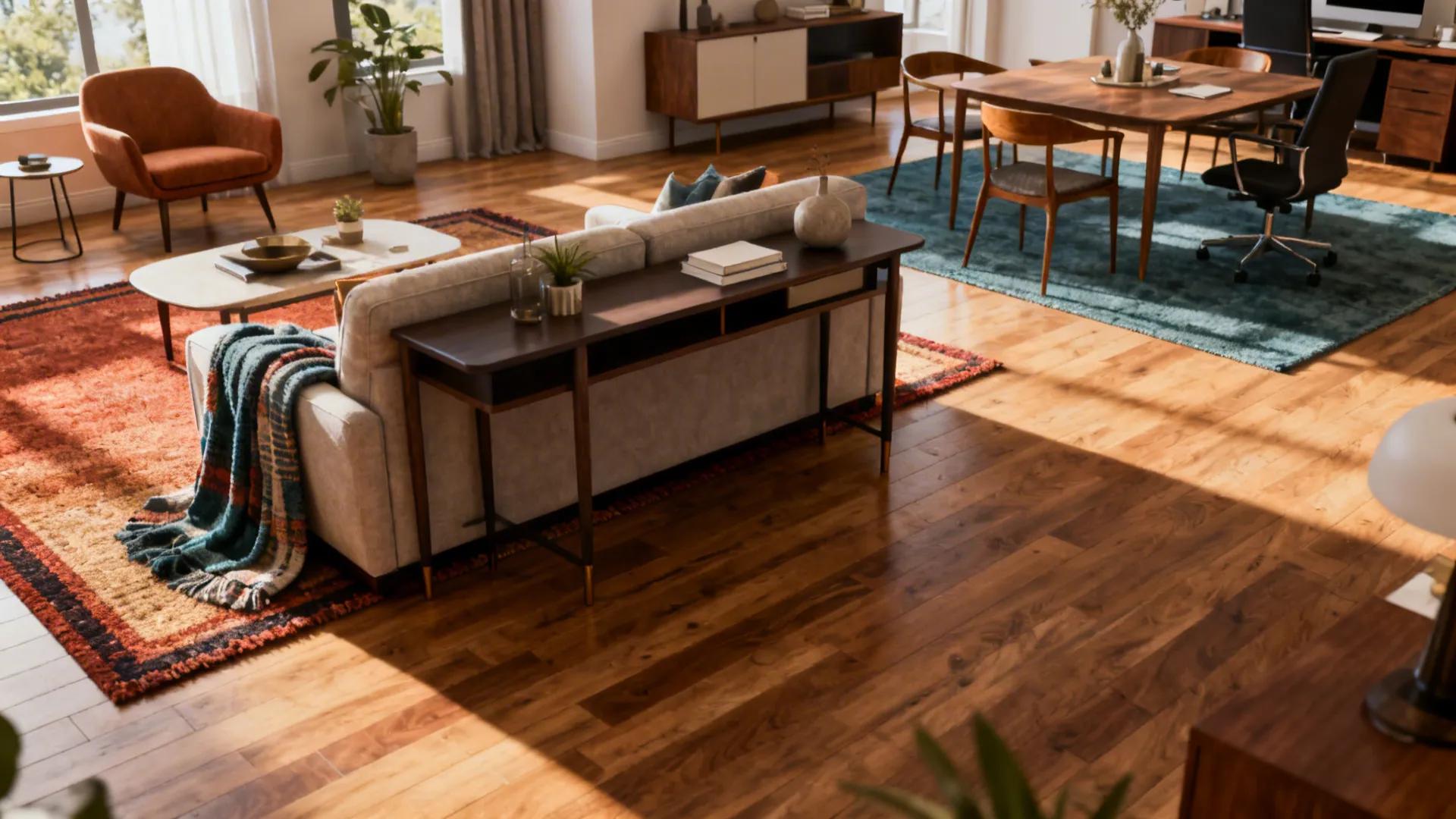 Living room layout with wooden floor showing zoning between sofa area and dining table desk space