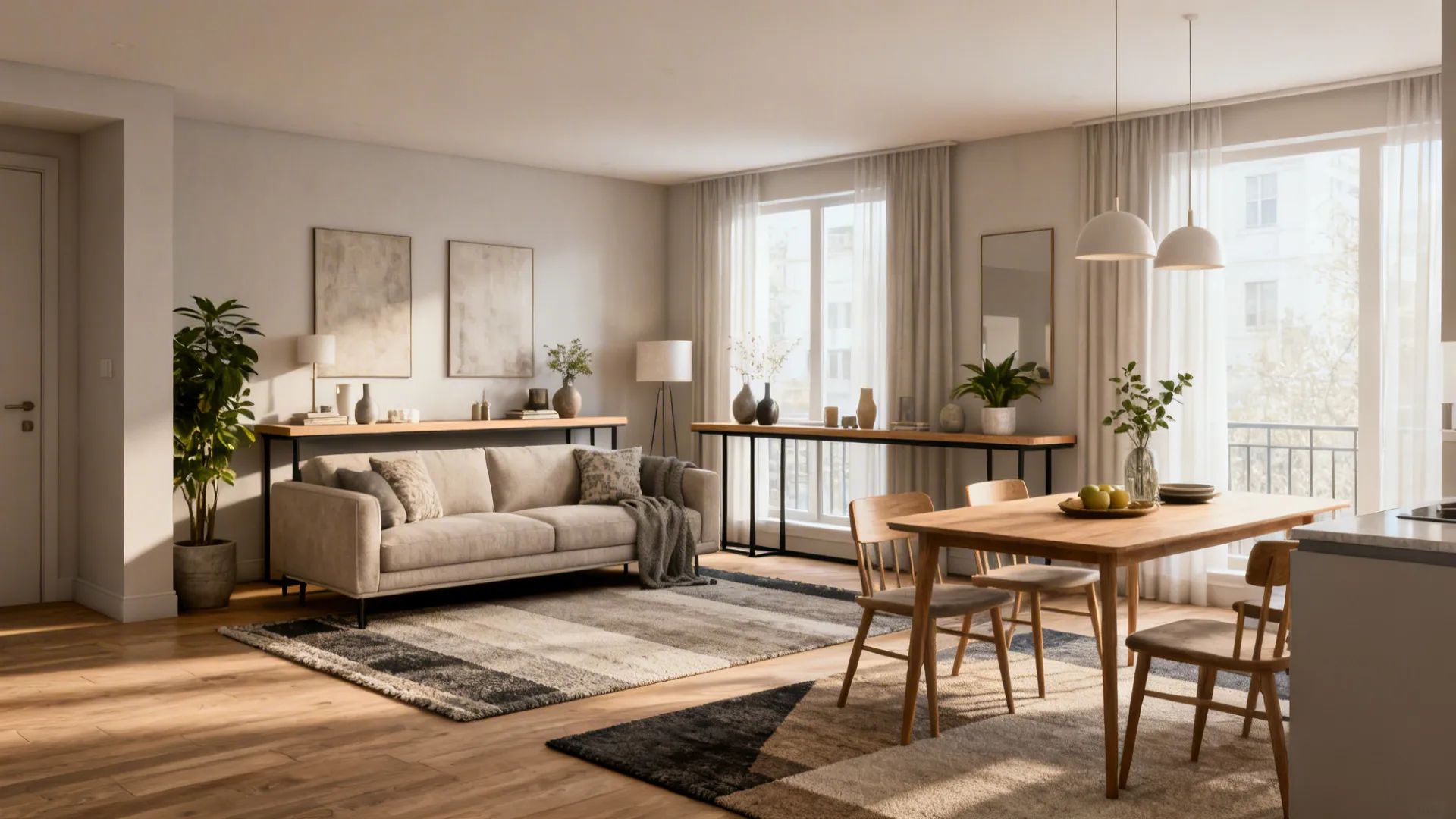 Console behind sofa and layered rugs defining living and dining zones in an open-plan space.