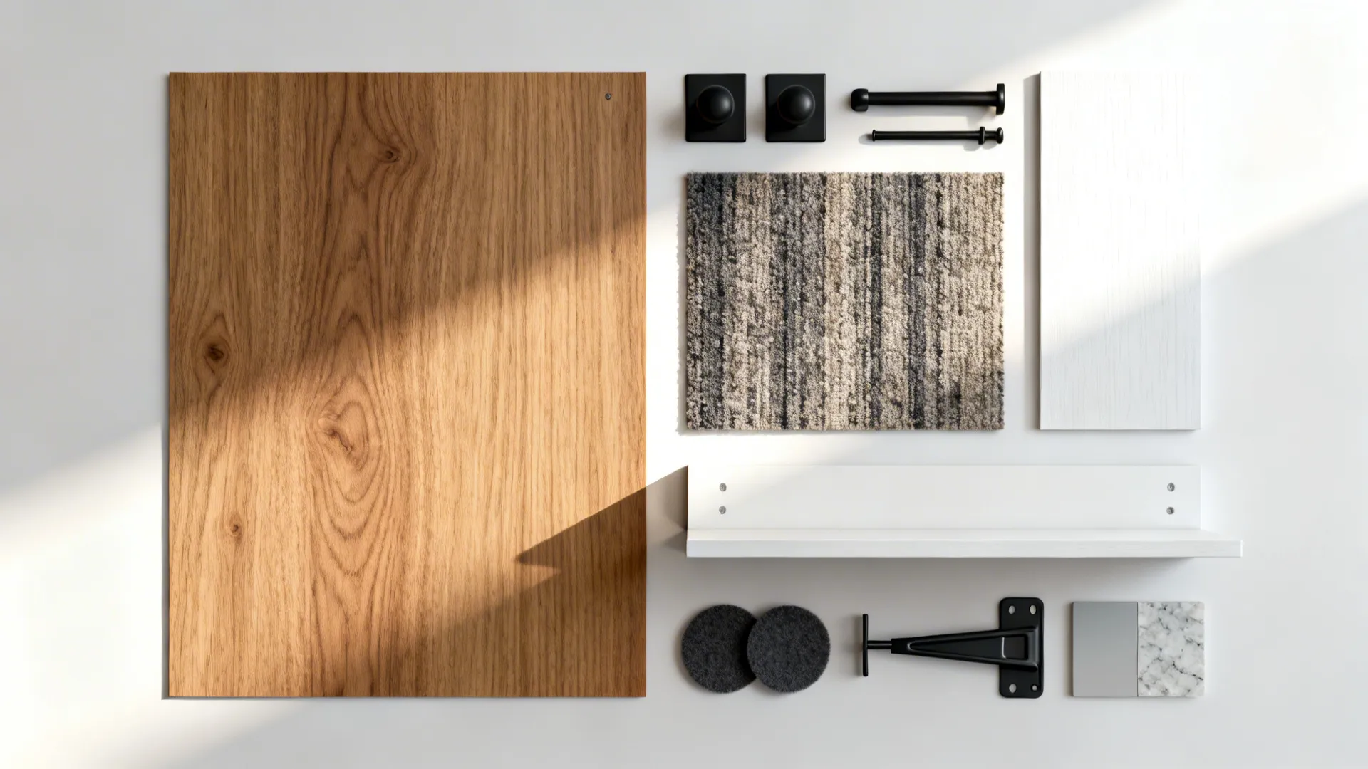 Flatlay of oak veneer, black hardware, washable rug, shelf samples, felt pads, and brackets.