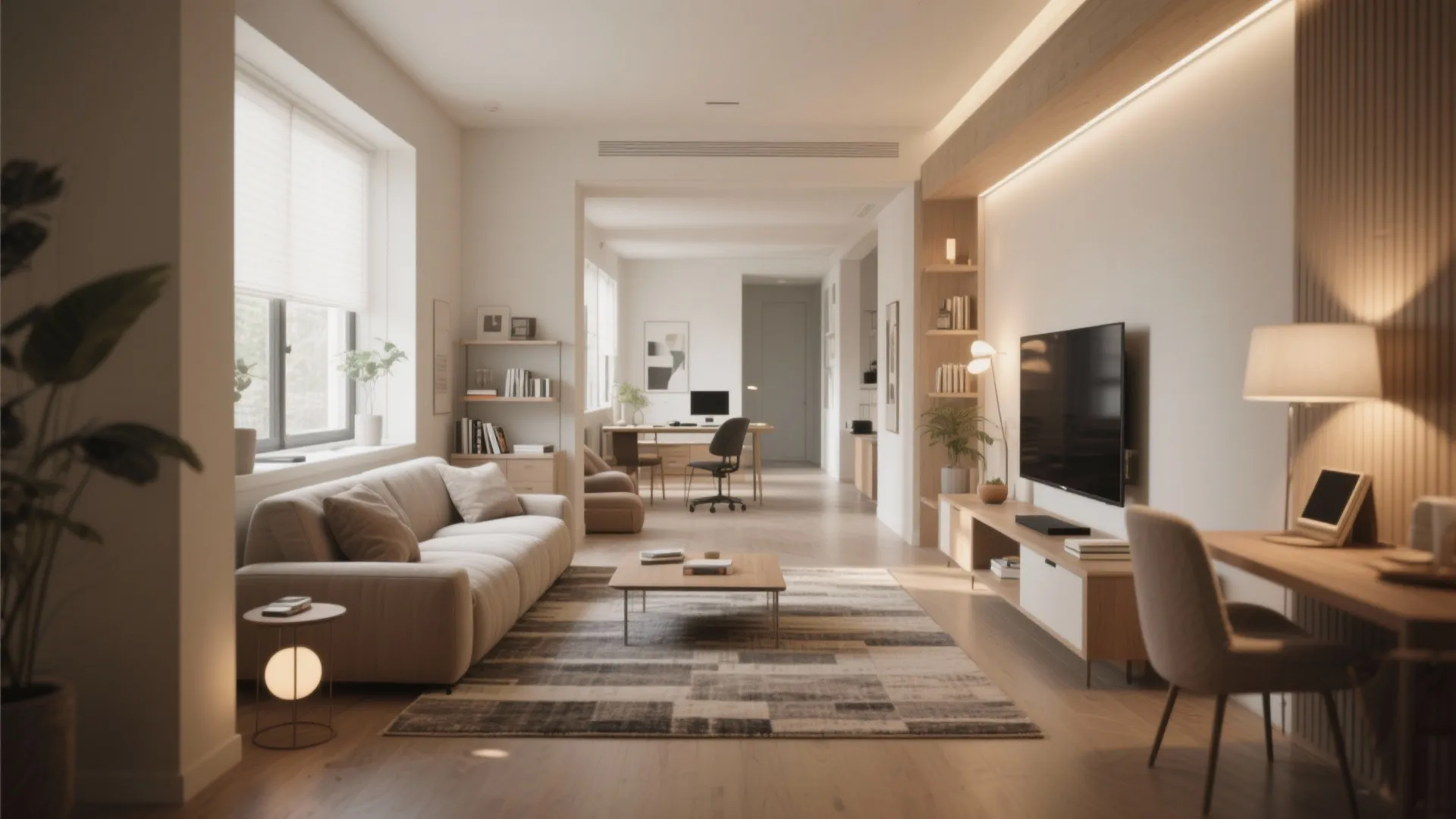 Modern open plan living room with cream sofa wood floors television cabinet and home office area